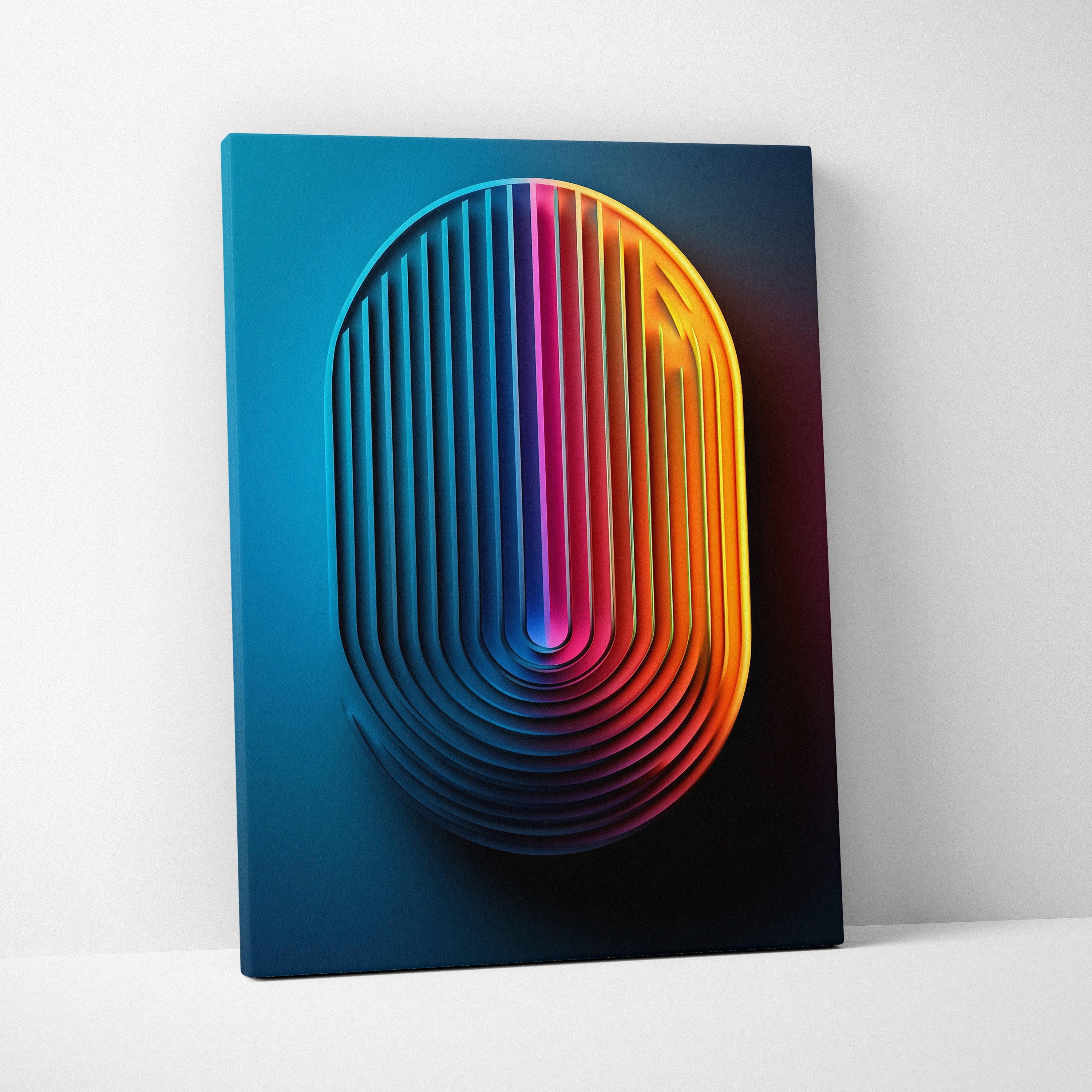 Abstract nature-inspired canvas wall art with vibrant vertical gradient lines in blue, purple, and orange tones.