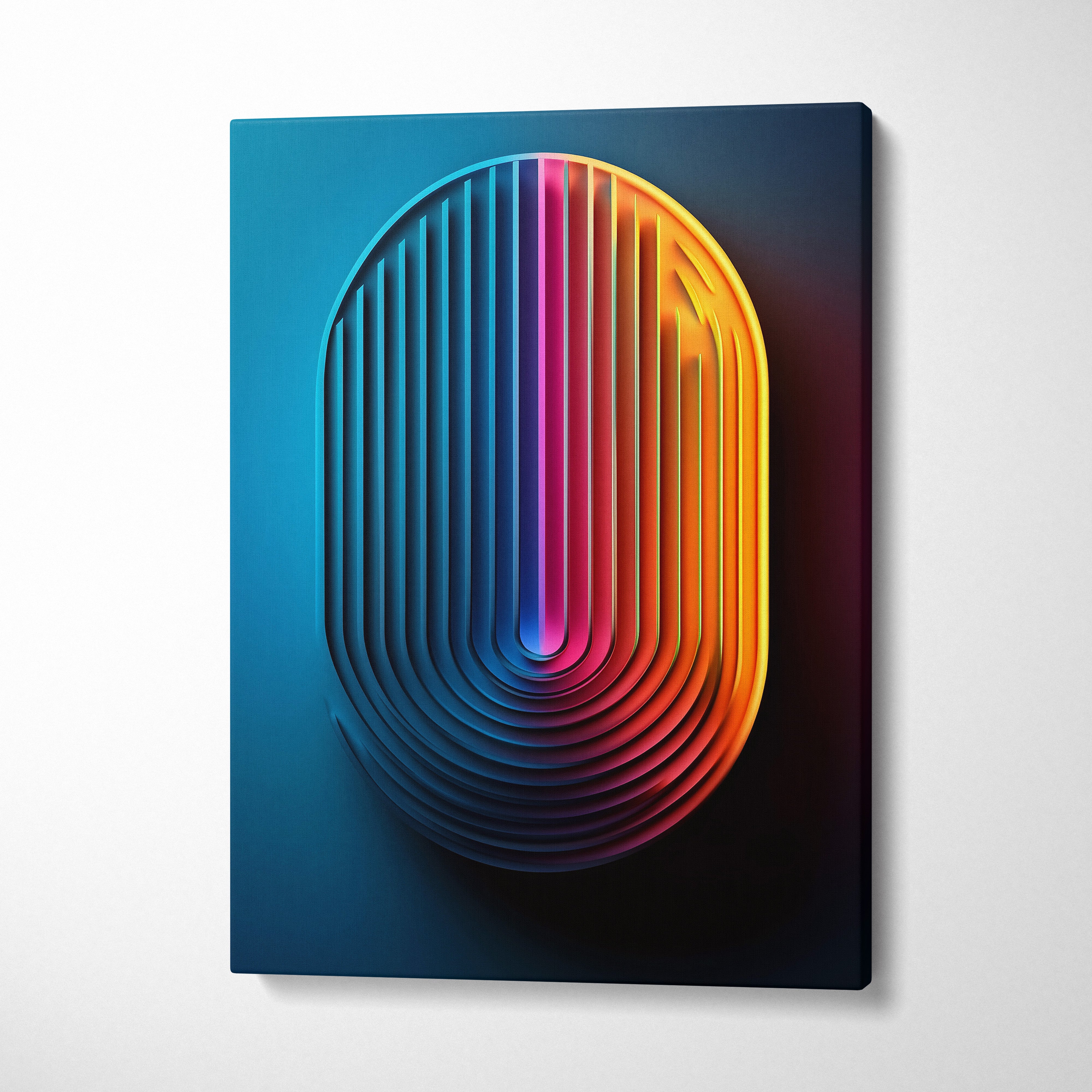 Abstract nature-inspired canvas wall art with colorful 3D layered oval design on deep blue background.