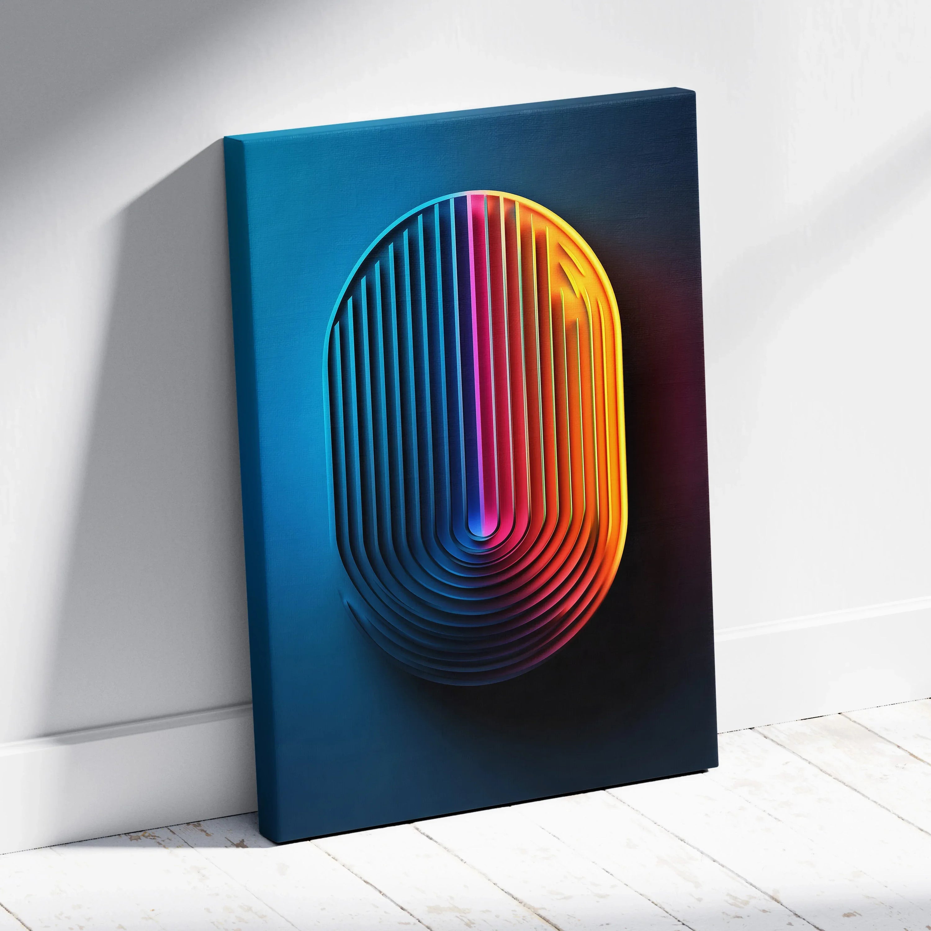 Abstract nature-inspired canvas wall art with vibrant concentric oval ridges in blue, purple, and orange hues.