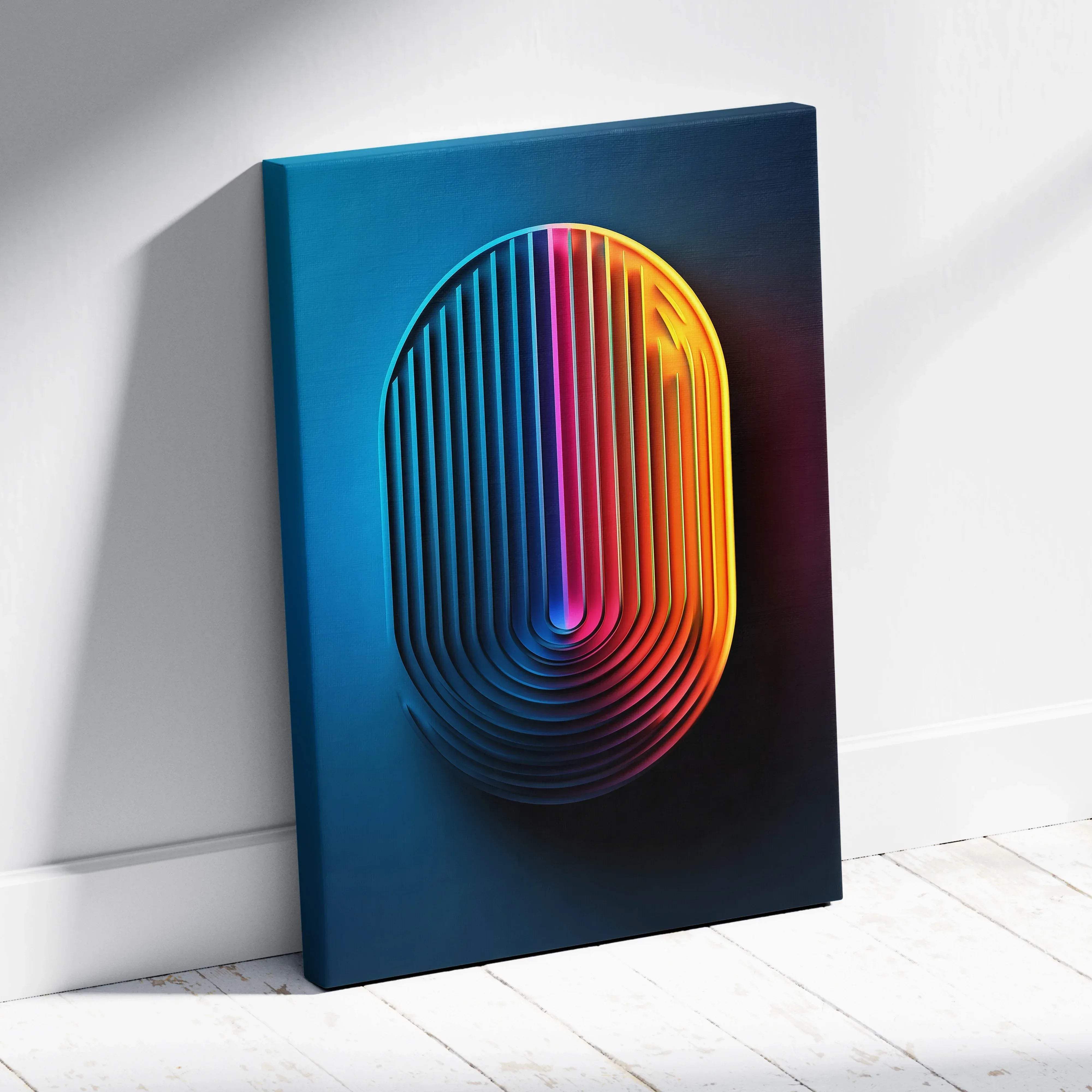 Abstract geometric rainbow gradient canvas wall art with vibrant blue pink and orange stripes on dark teal background