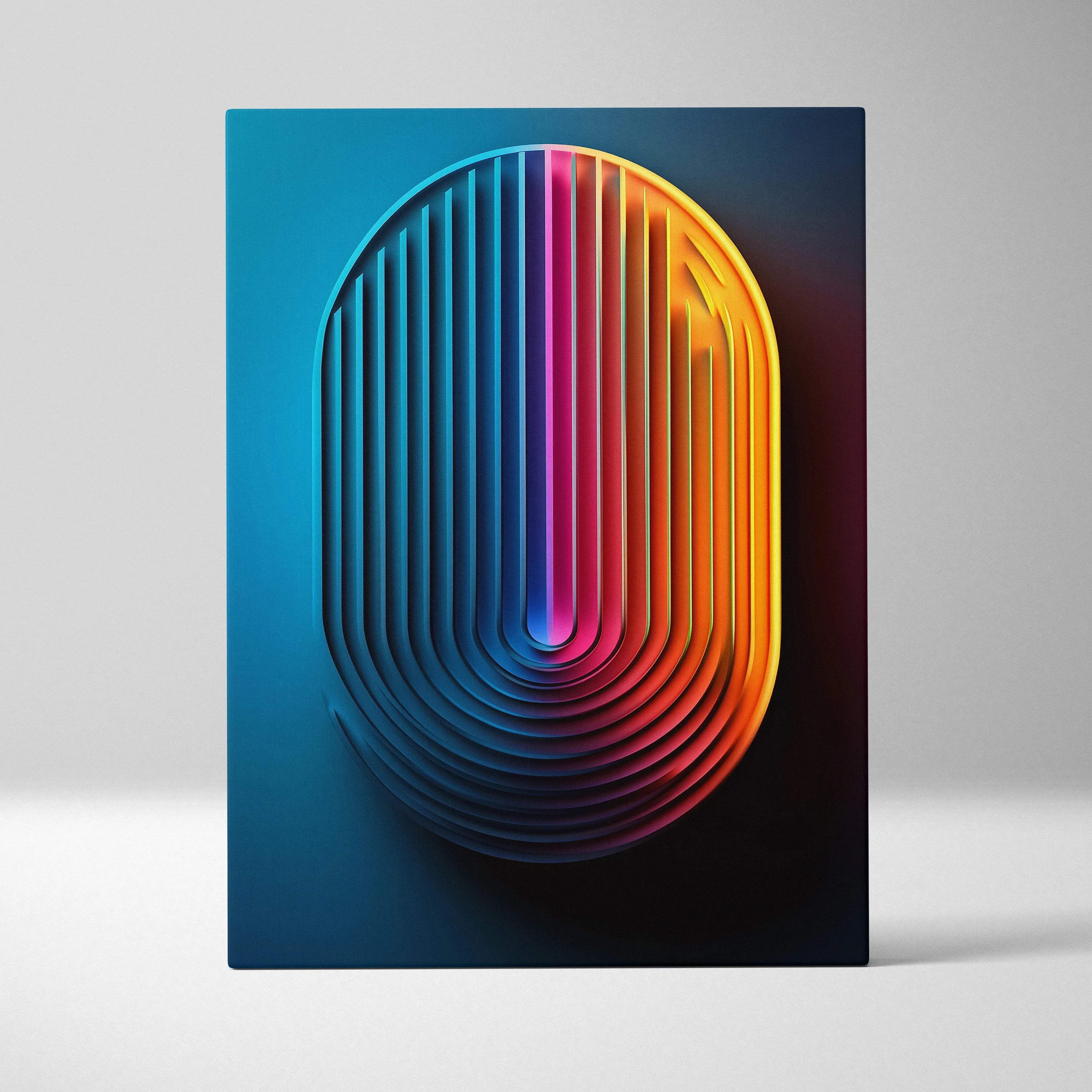 Abstract geometric canvas wall art with vibrant concentric curved stripes in blue orange and pink for modern spaces