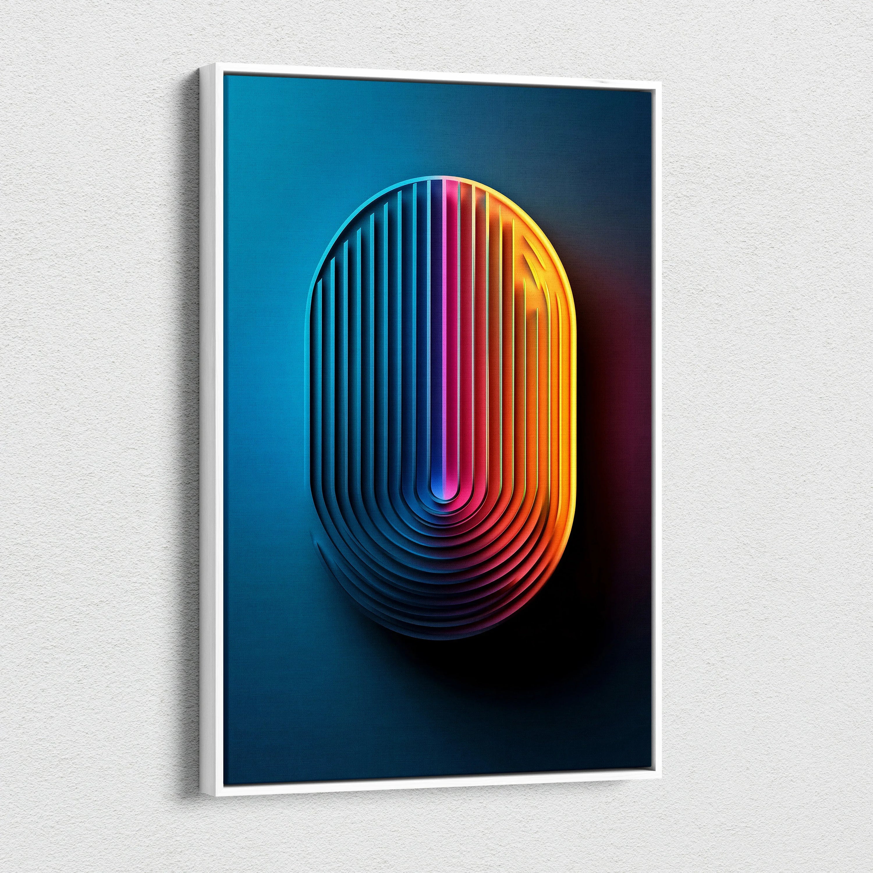 Abstract nature-inspired canvas wall art with vibrant gradient lines on dark background.
