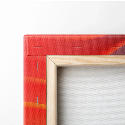 Close-up of colorful abstract digital canvas wall art with visible wood frame and secured staples.