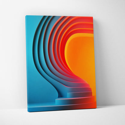 Abstract digital canvas wall art with layered curved shapes in blue and orange gradient tones.