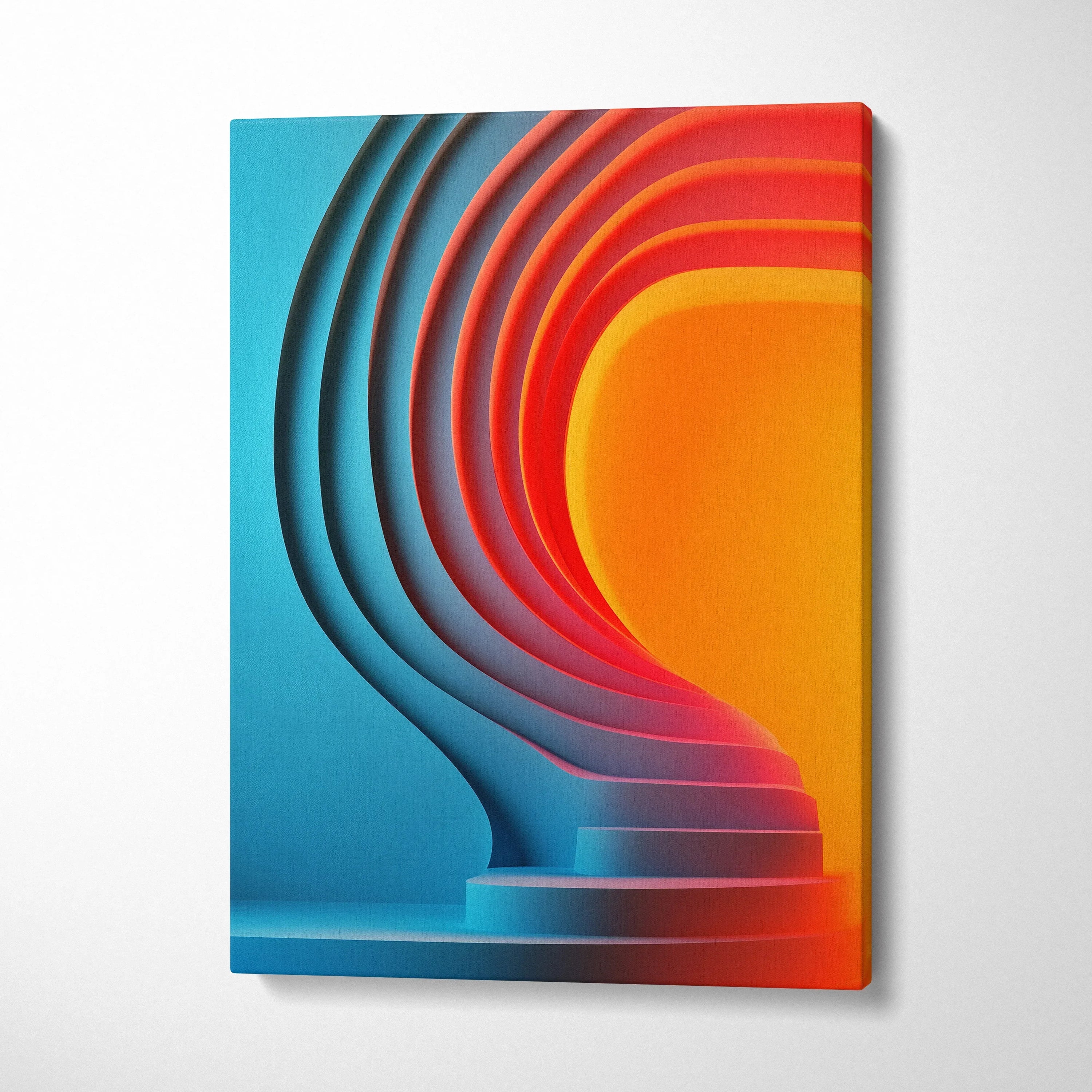 Abstract digital canvas wall art with layered curved shapes in blue, red, and orange tones.