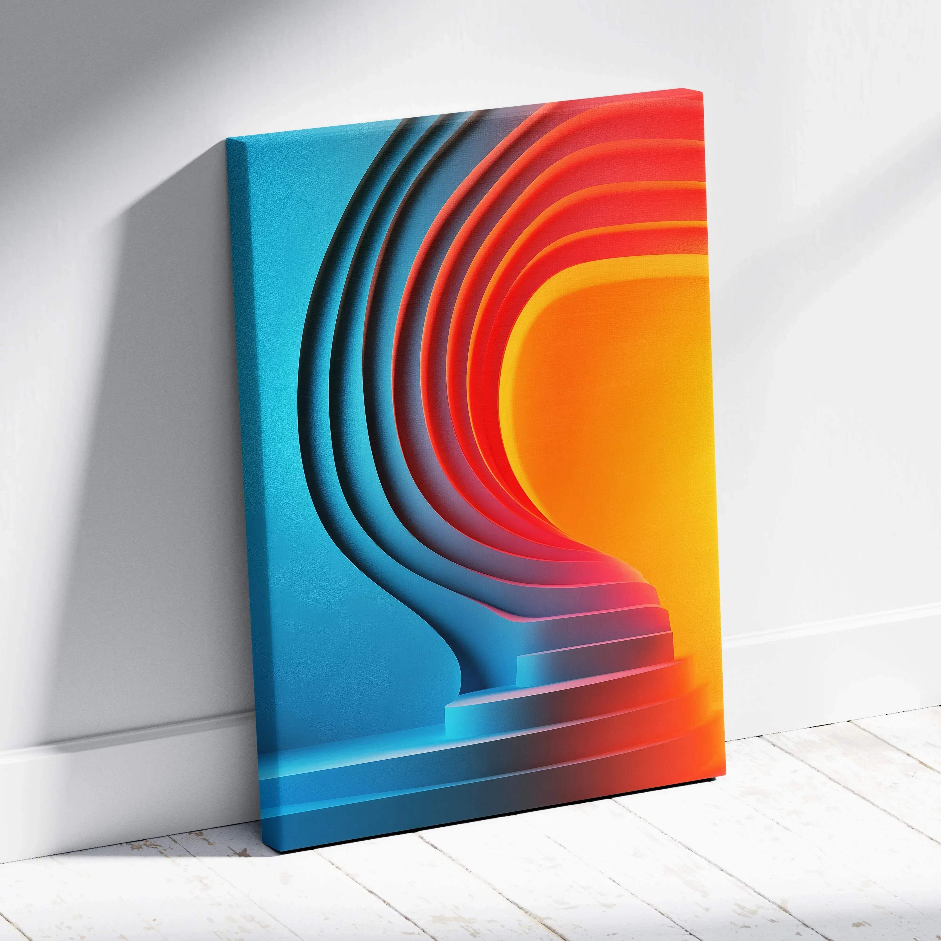 Abstract gradient rings canvas wall art featuring layered curved steps in a blue to orange concentric wave design