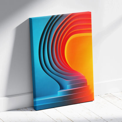 Abstract digital canvas wall art featuring layered blue and red curved shapes with a bright yellow center.