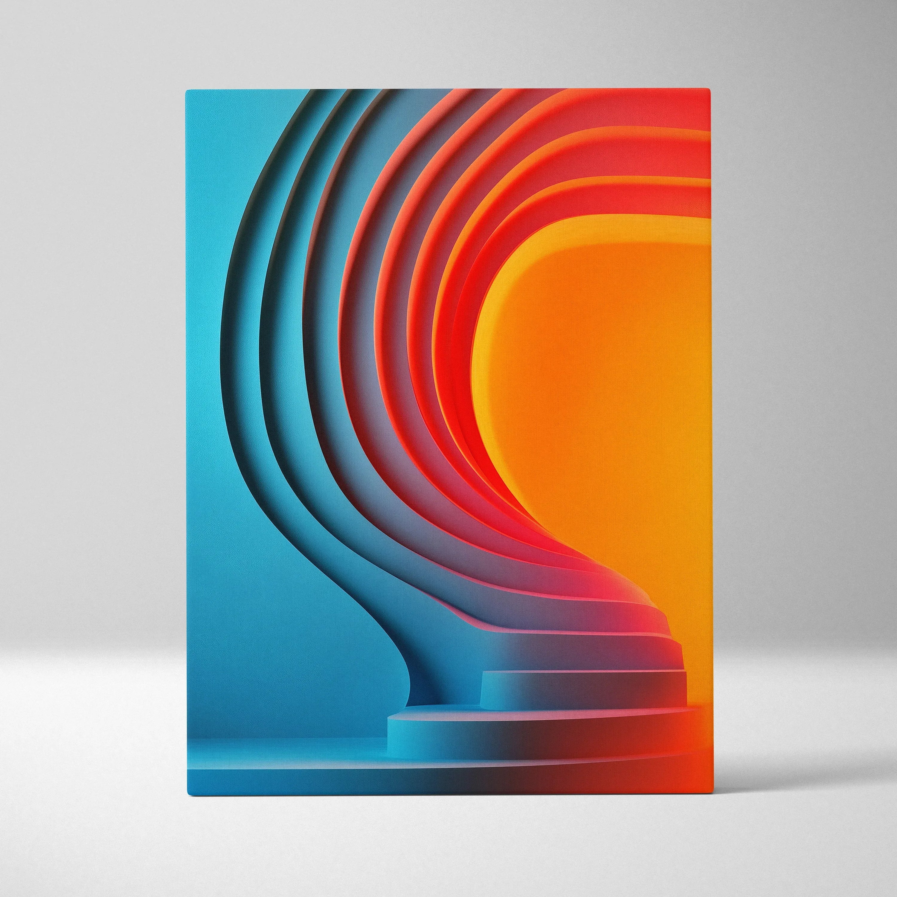 Abstract digital art canvas with layered blue curves and vibrant orange light, modern wall art.