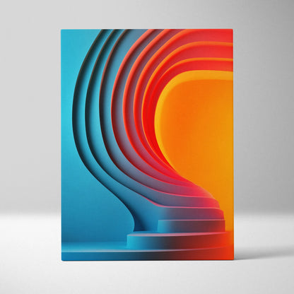 Abstract digital art canvas with layered blue curves and vibrant orange light, modern wall art.