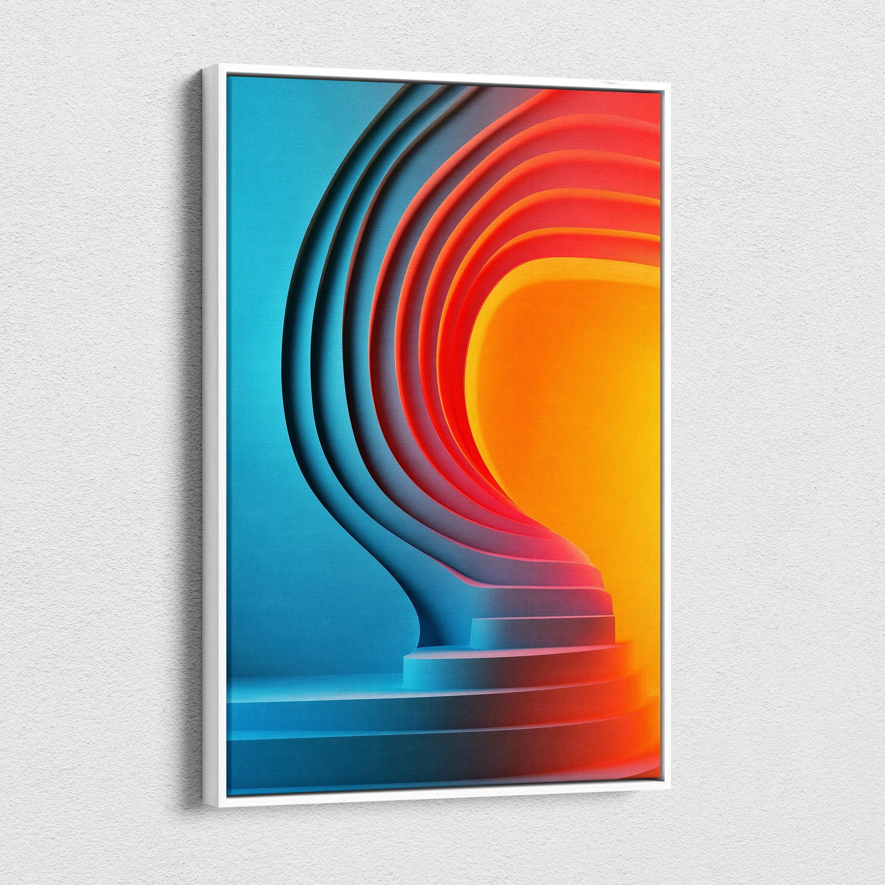Abstract digital canvas wall art featuring vibrant blue and orange curved layers creating a tunnel effect.