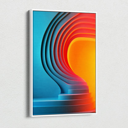 Abstract digital canvas wall art featuring vibrant blue and orange curved layers creating a tunnel effect.
