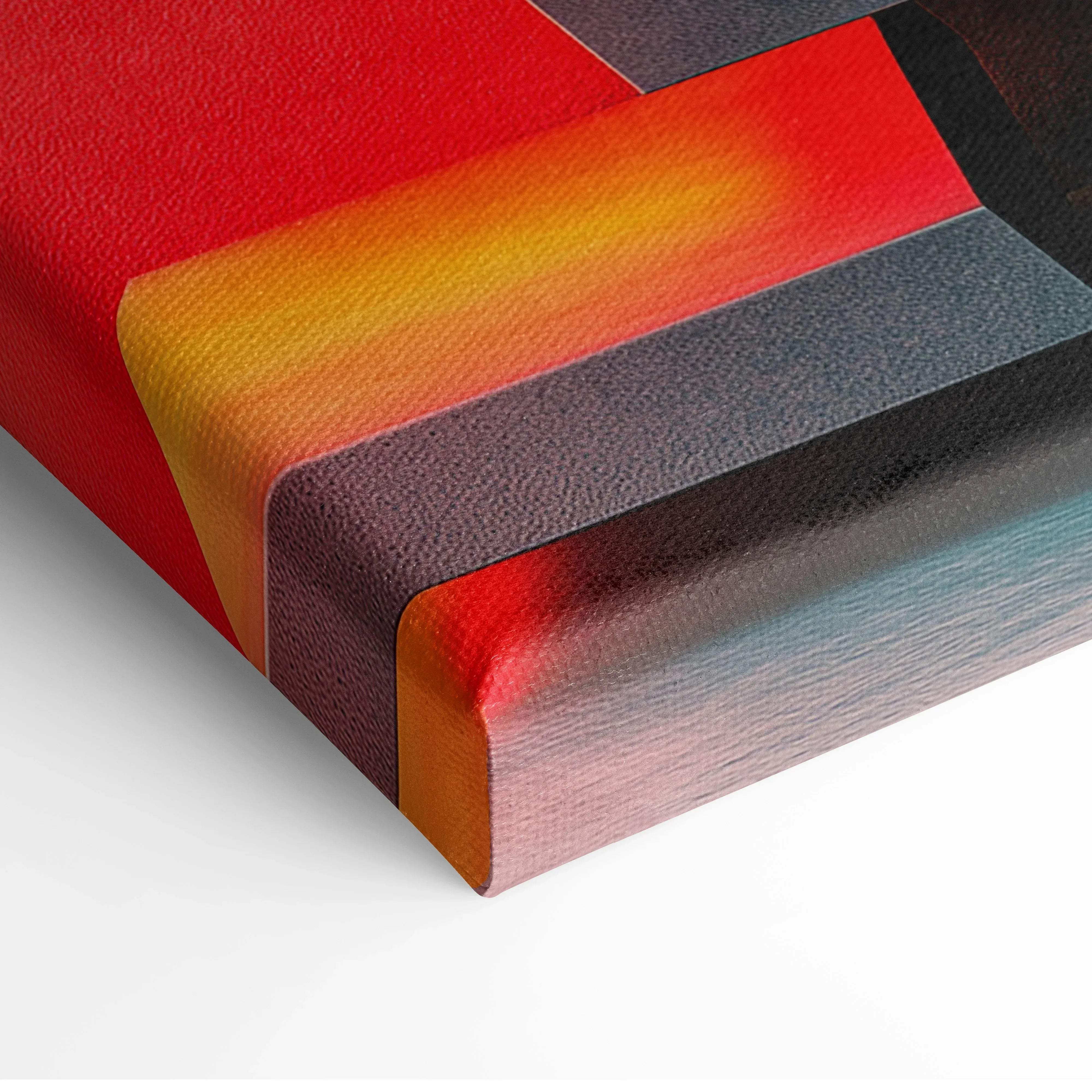 Abstract staircase geometry canvas wall art featuring bold red orange and black geometric stripes with textured surface