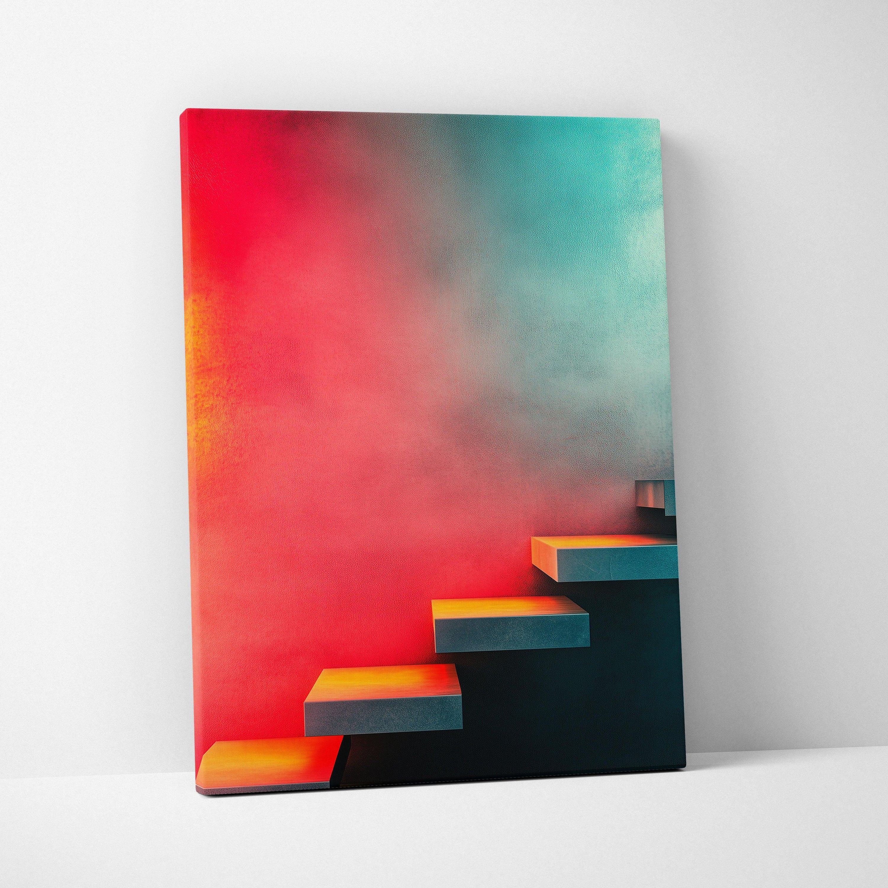 Abstract digital canvas wall art featuring vibrant red to teal gradient with geometric stair steps design.