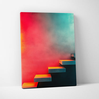 Abstract digital canvas wall art featuring vibrant red to teal gradient with geometric stair steps design.