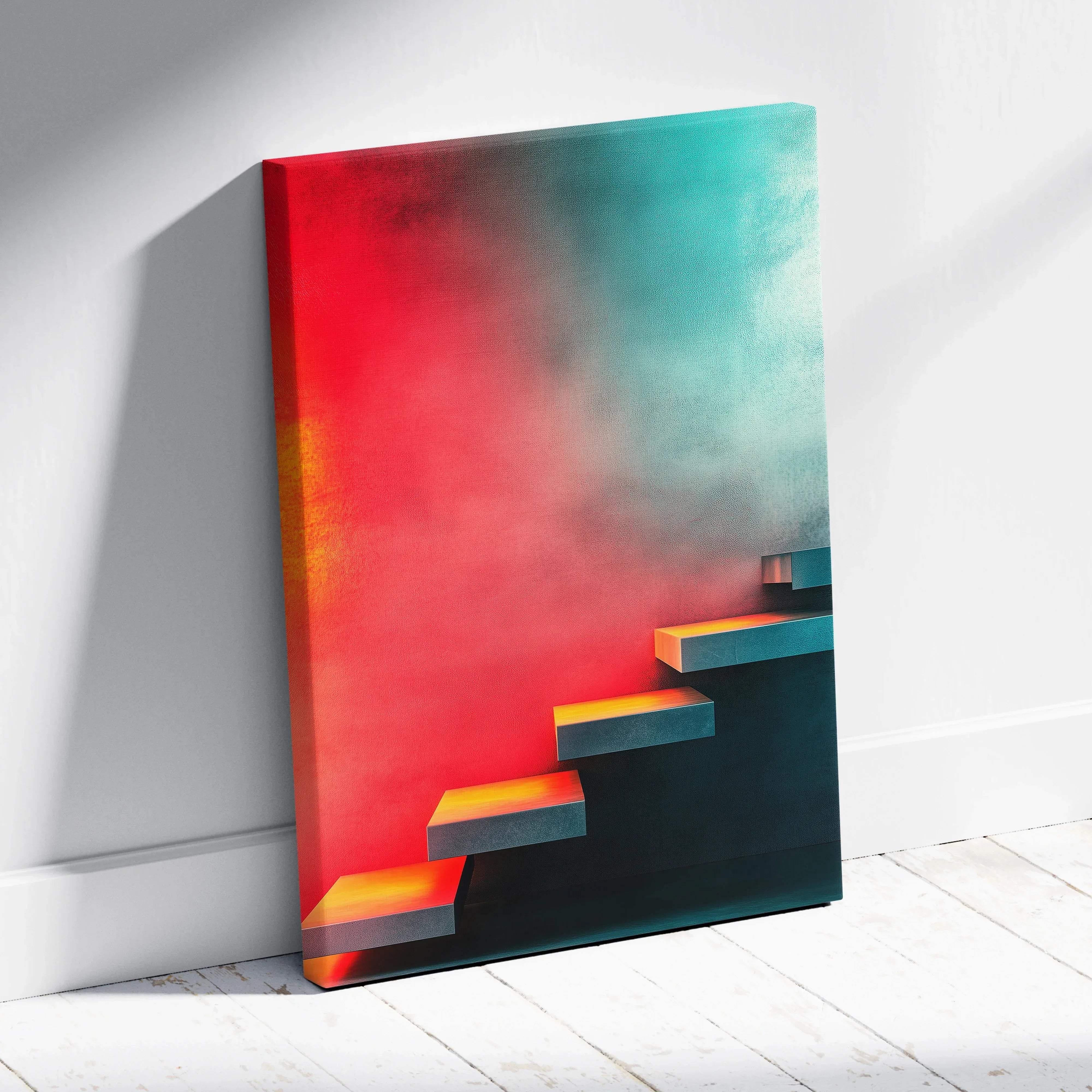 Vibrant abstract staircase geometry canvas wall art with fiery orange to teal gradient on smoky backdrop for modern decor