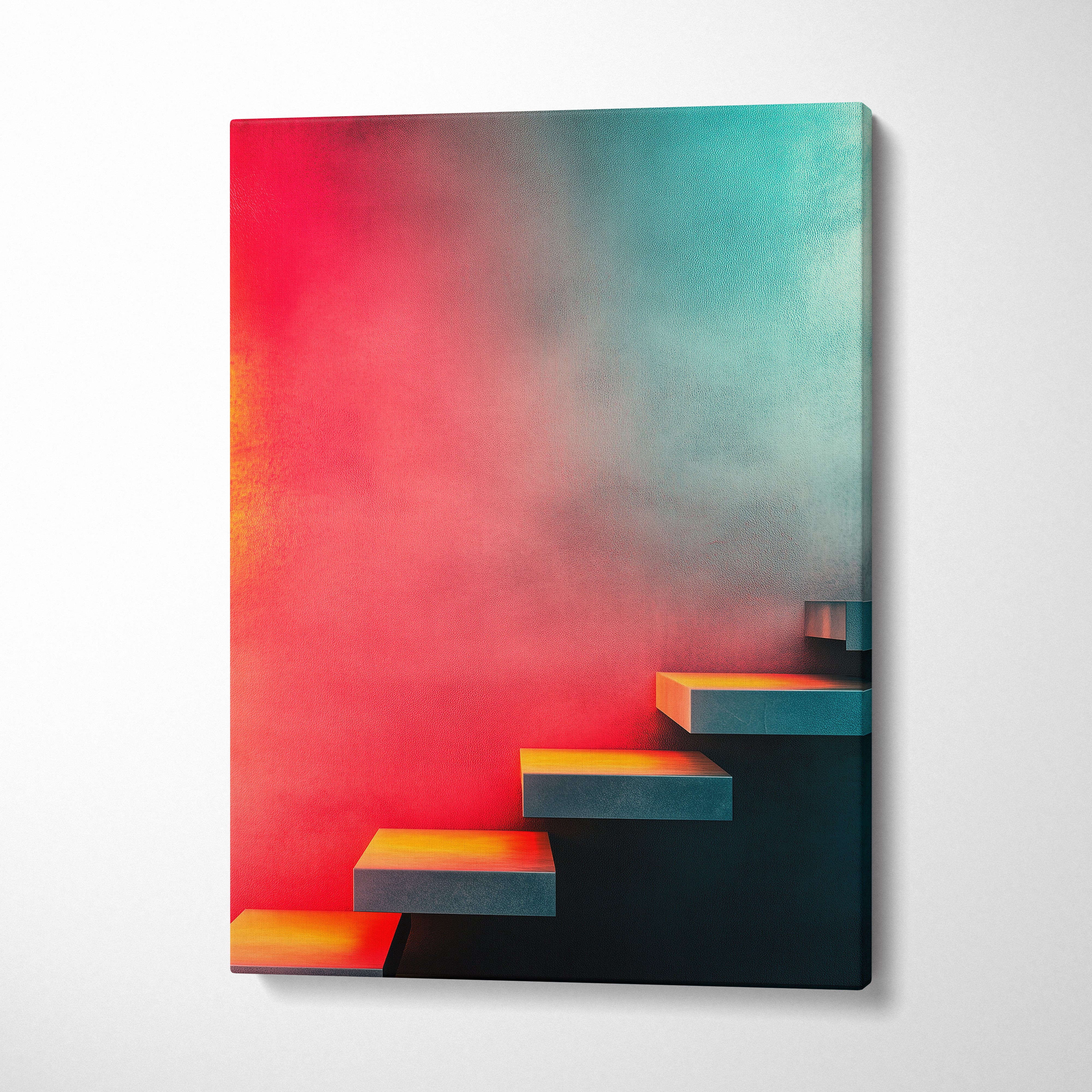Modern abstract art canvas wall art with vibrant red, teal, and dark geometric steps design.