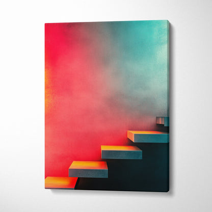 Modern abstract art canvas wall art with vibrant red, teal, and dark geometric steps design.