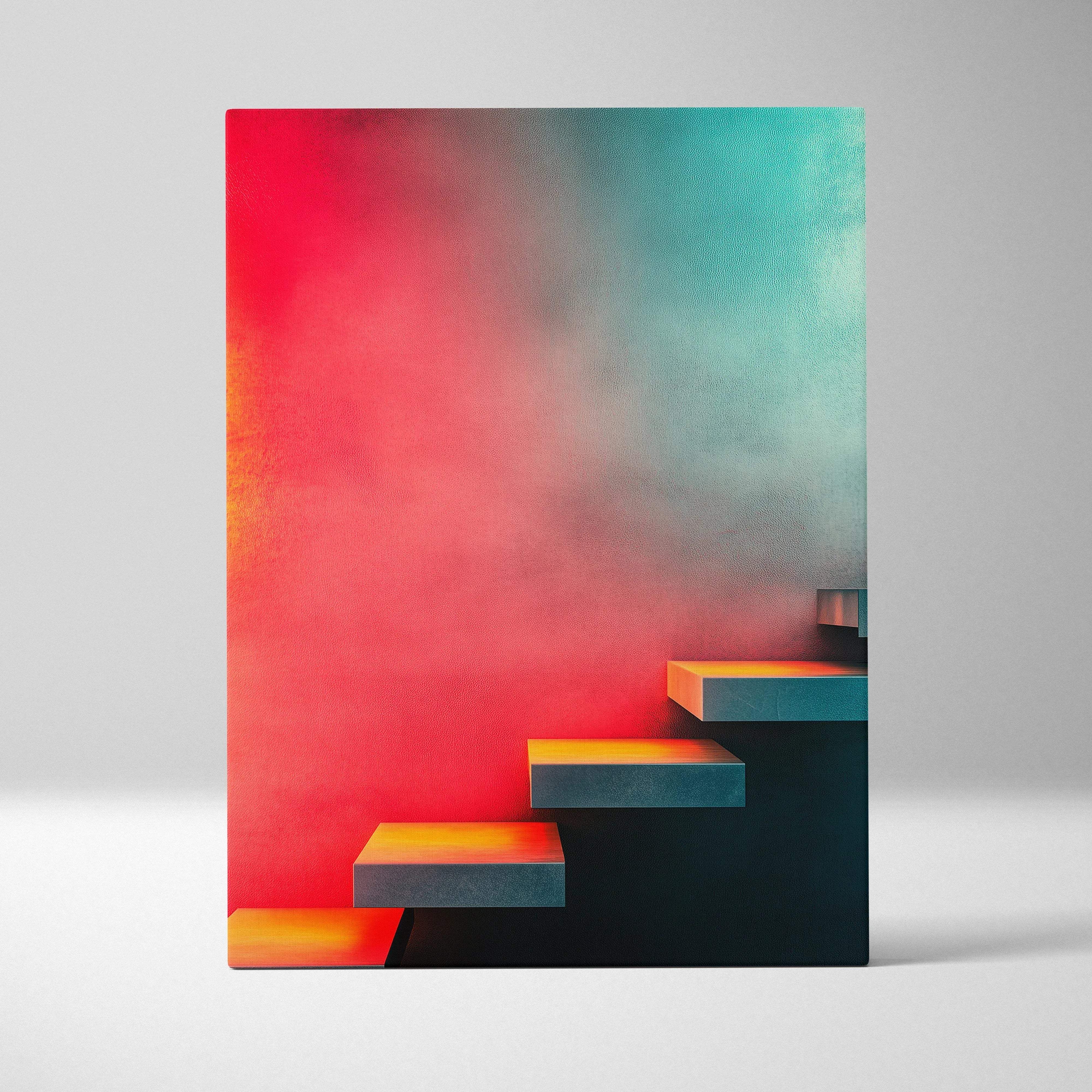 A vibrant abstract canvas wall art featuring floating steps with a red orange to teal gradient background