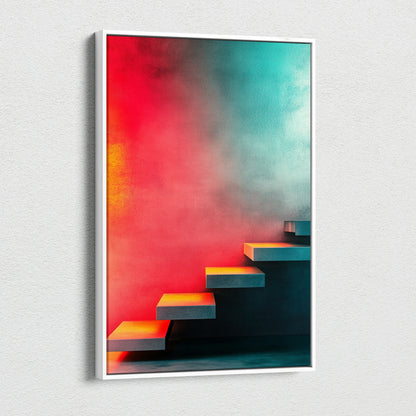 Abstract digital art canvas wall art with colorful red, teal, and yellow gradient and stairs design.