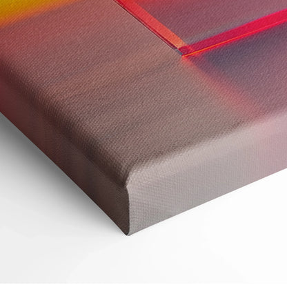 Abstract landscape wall art on canvas with bold red, pink, and gray tones, vertical orientation.
