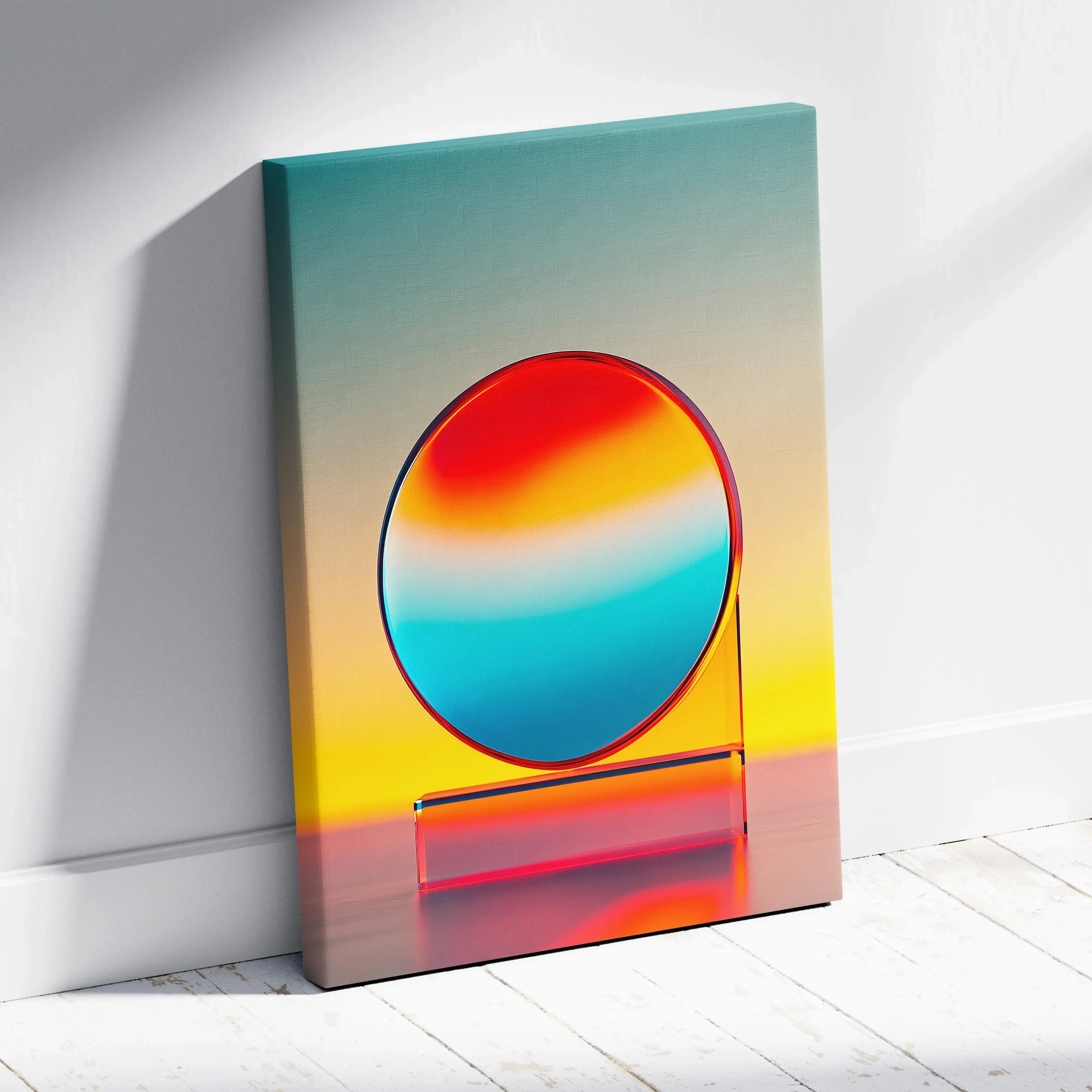 Abstract landscape canvas wall art featuring a circular gradient with bold red, orange, blue, and yellow colors on a.