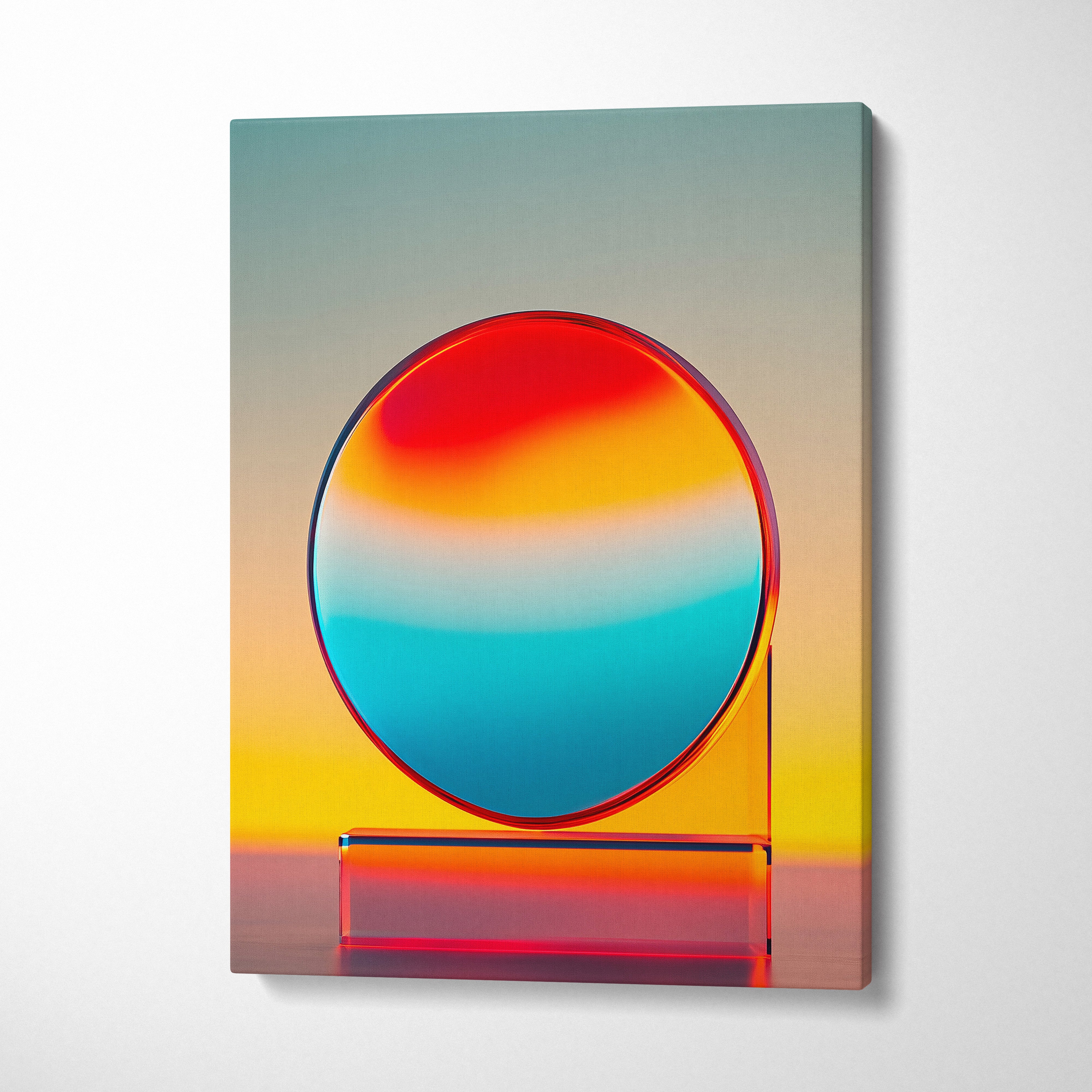 Abstract landscape canvas wall art with bold gradient colors in red, orange, yellow, and blue.
