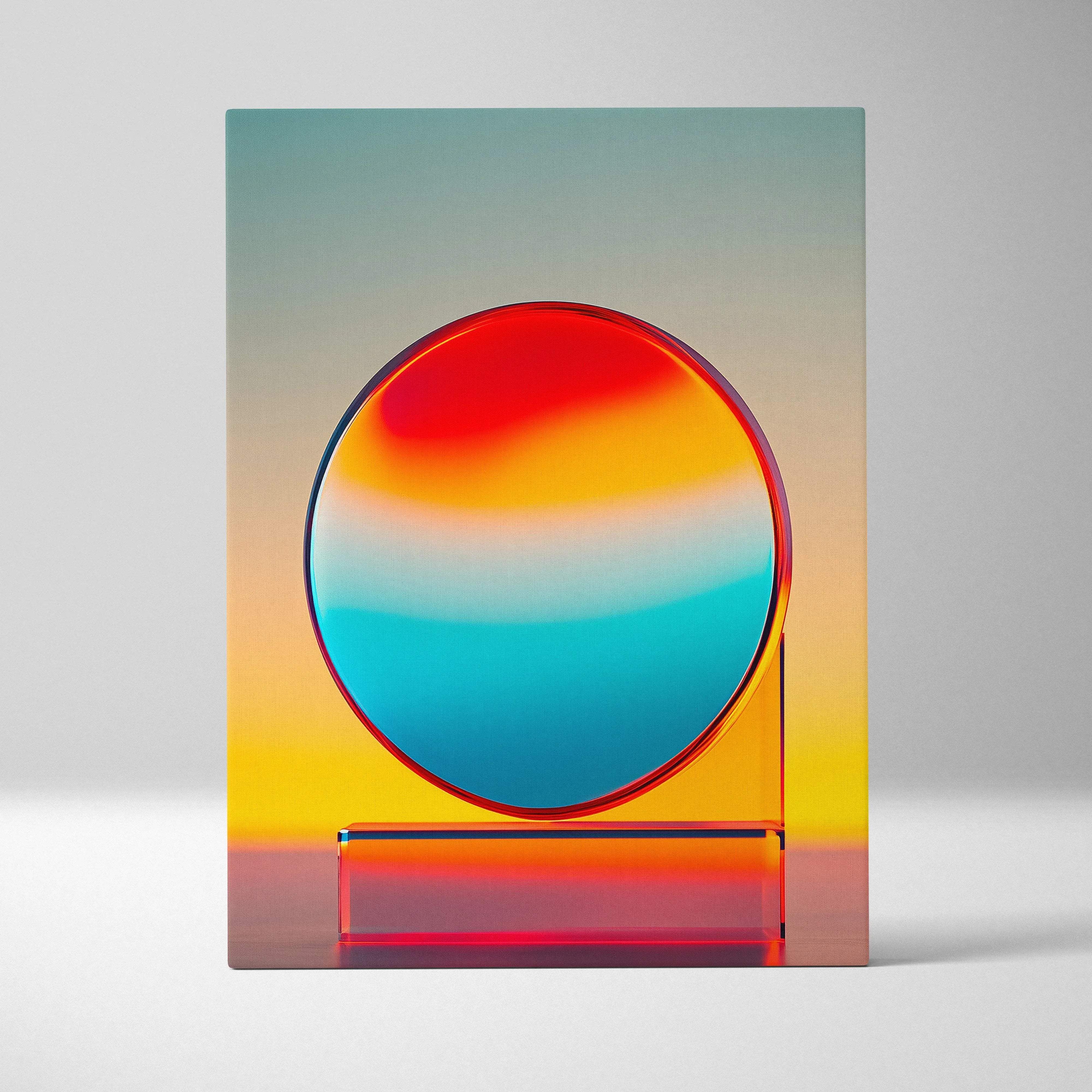 Vibrant gradient acrylic sphere sculpture with smooth translucent surface in red orange yellow and blue for modern home decor