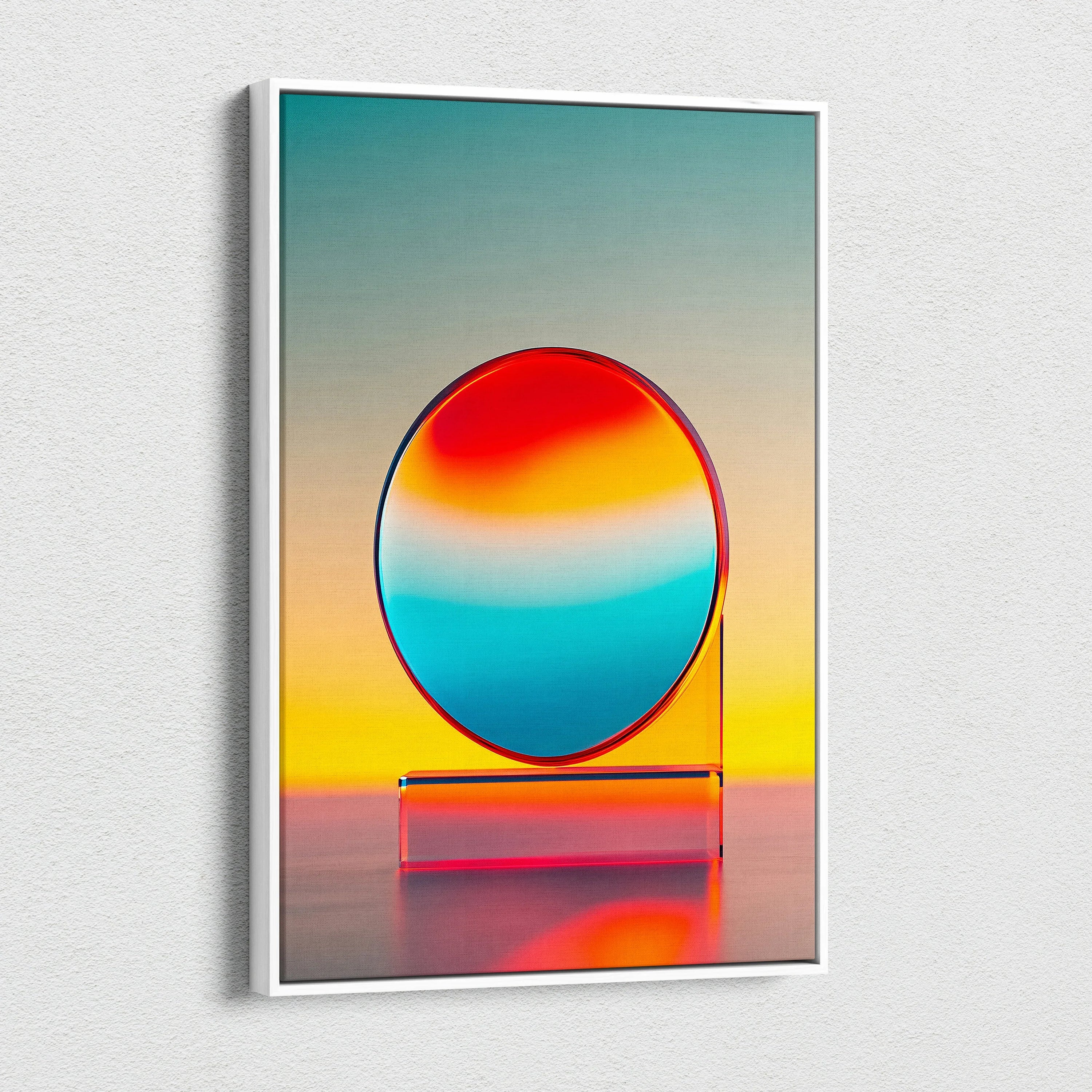 Abstract landscape canvas wall art featuring a vibrant circular gradient in fiery red, orange, and cool blue tones on a.