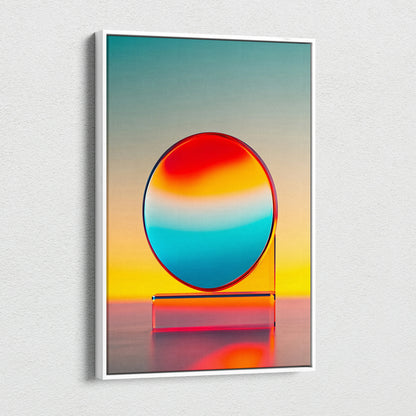 Abstract landscape canvas wall art featuring a vibrant circular gradient in fiery red, orange, and cool blue tones on a.