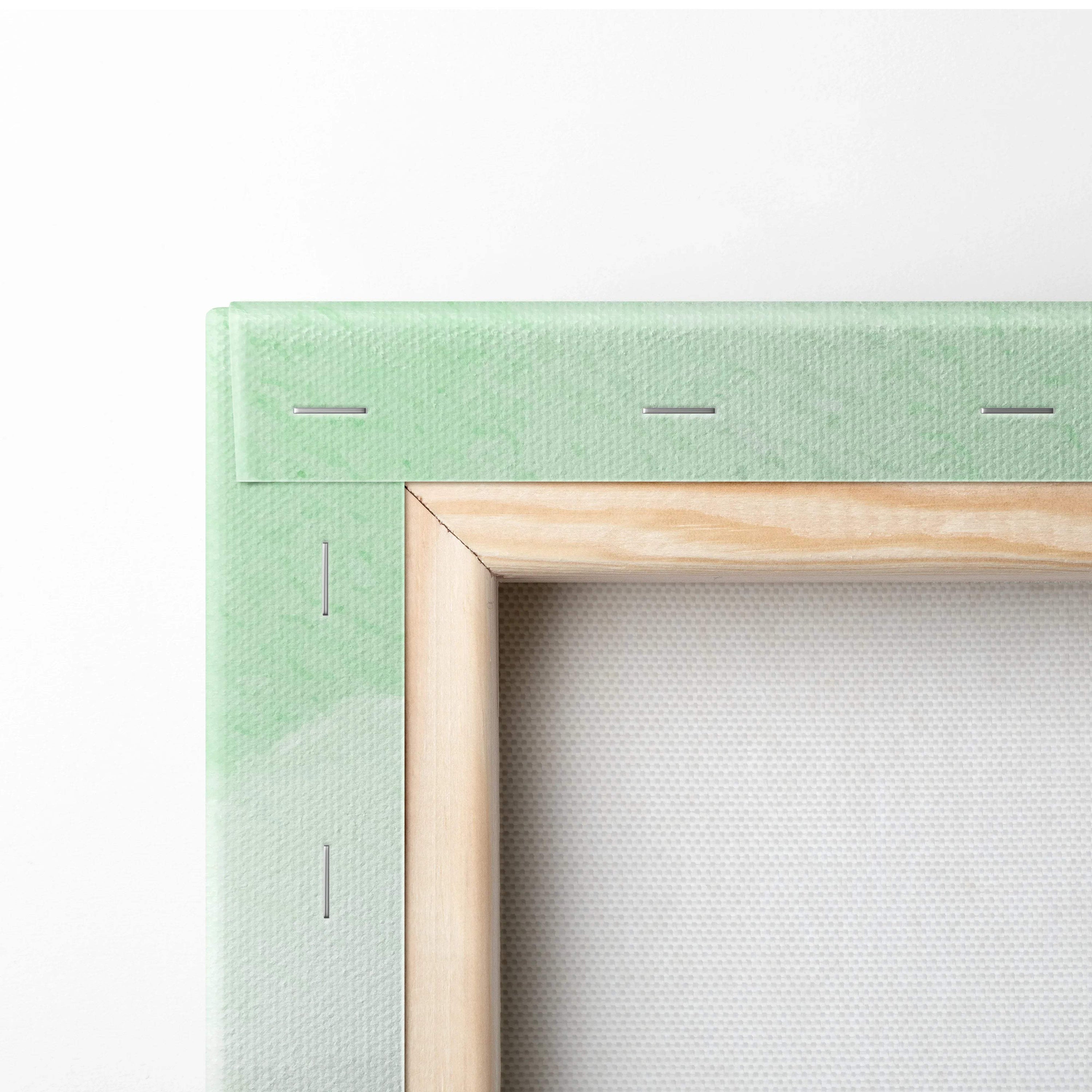 Light green canvas back with stitching, wood frame, spring meadow tulips art