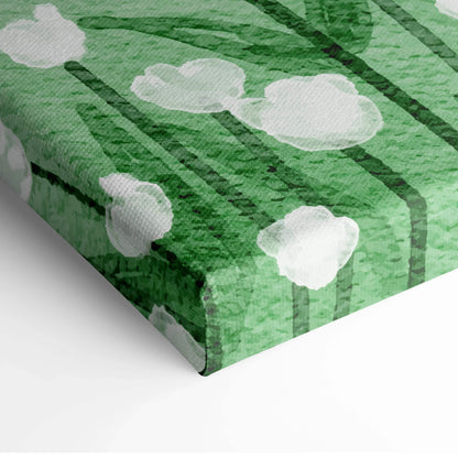 Green canvas print of white lily of the valley in watercolor spring meadow art