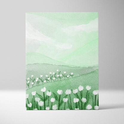 Watercolor spring meadow with white tulips in mint sage tones canvas art