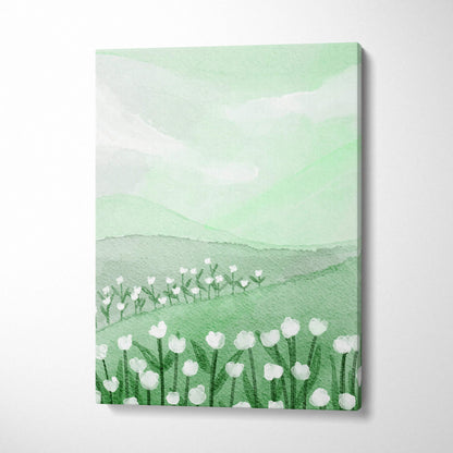Watercolor spring meadow canvas print with white tulips in mint sage tones
