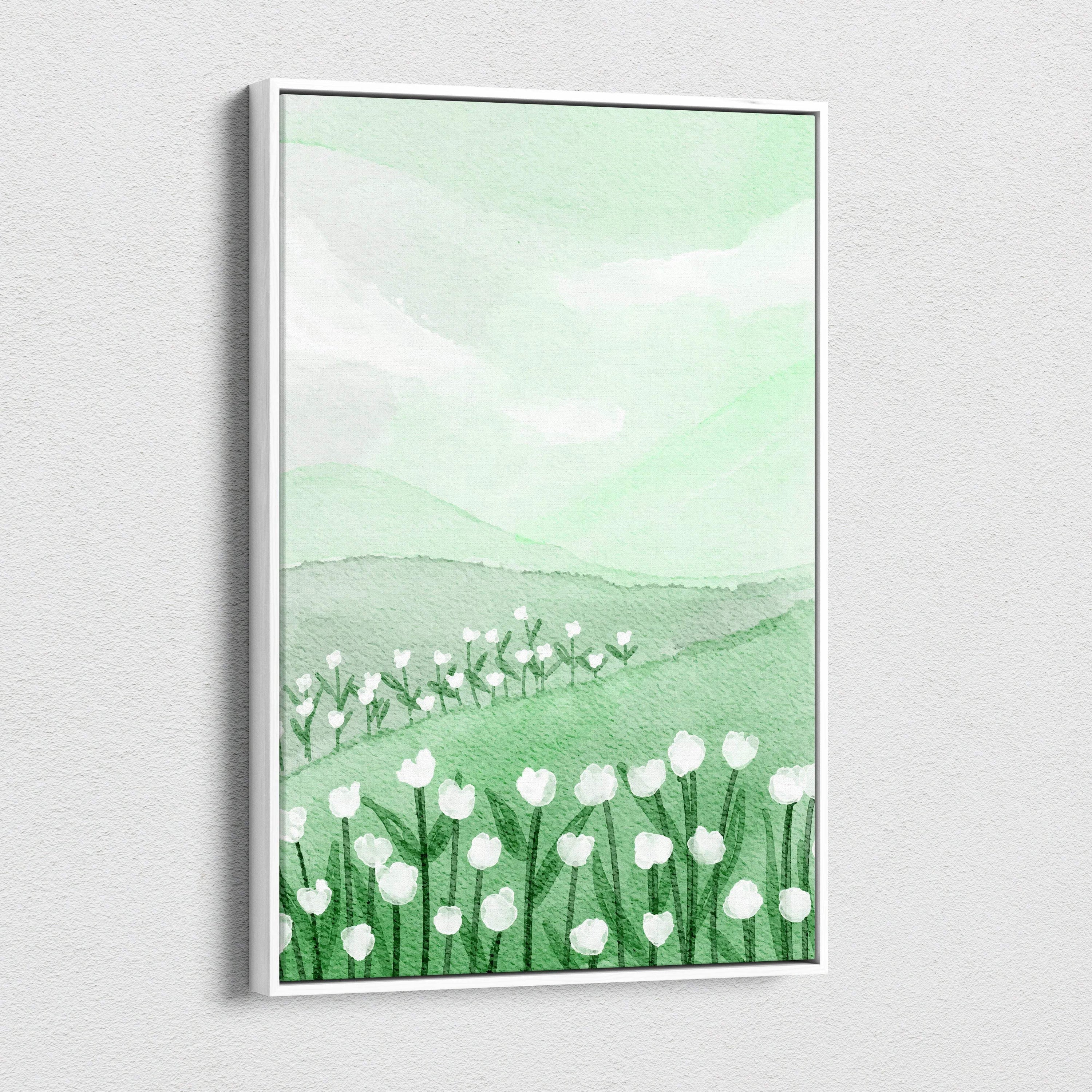 Framed watercolor of green field with white tulips in mint sage tones