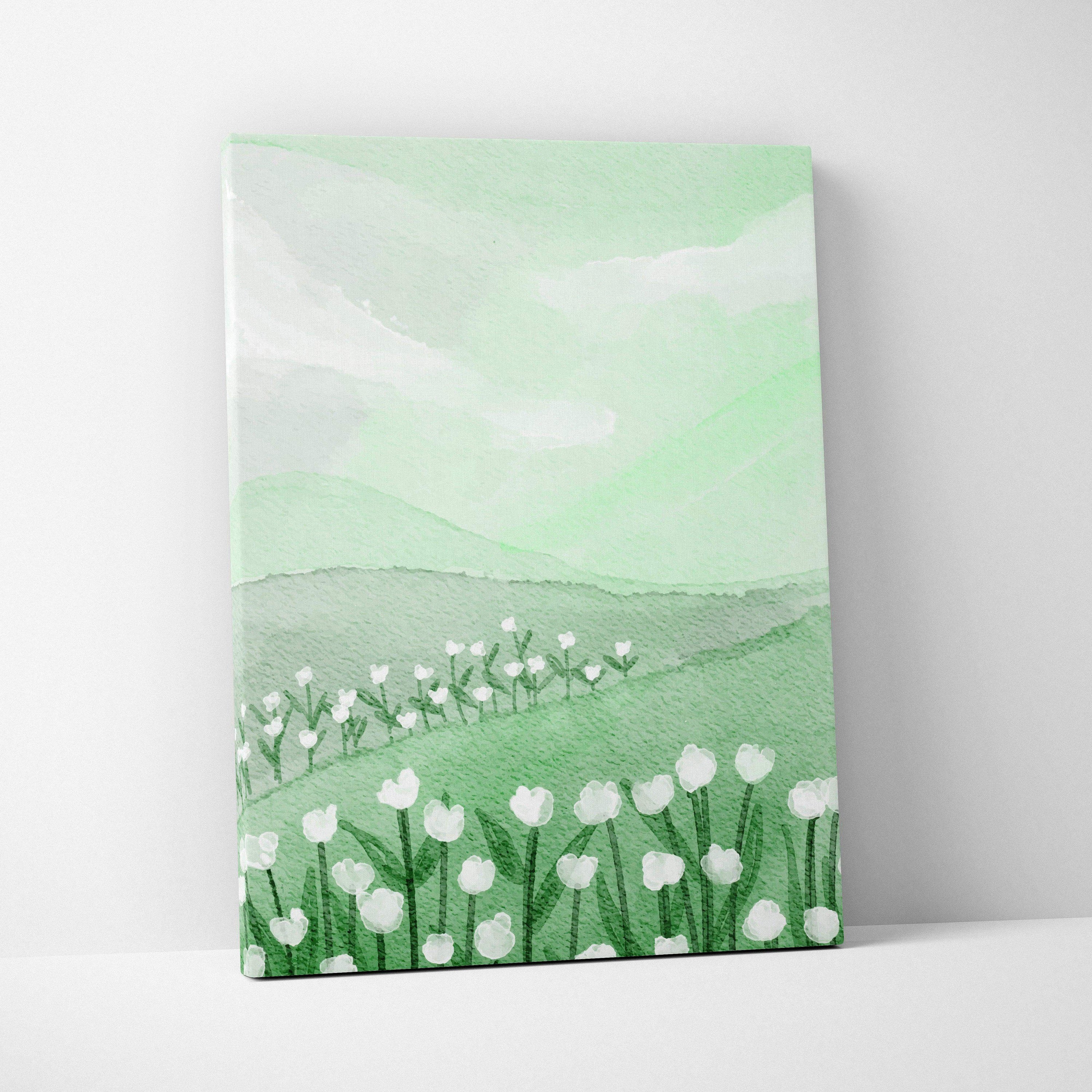 Watercolor spring meadow canvas art with white tulips in mint sage tones