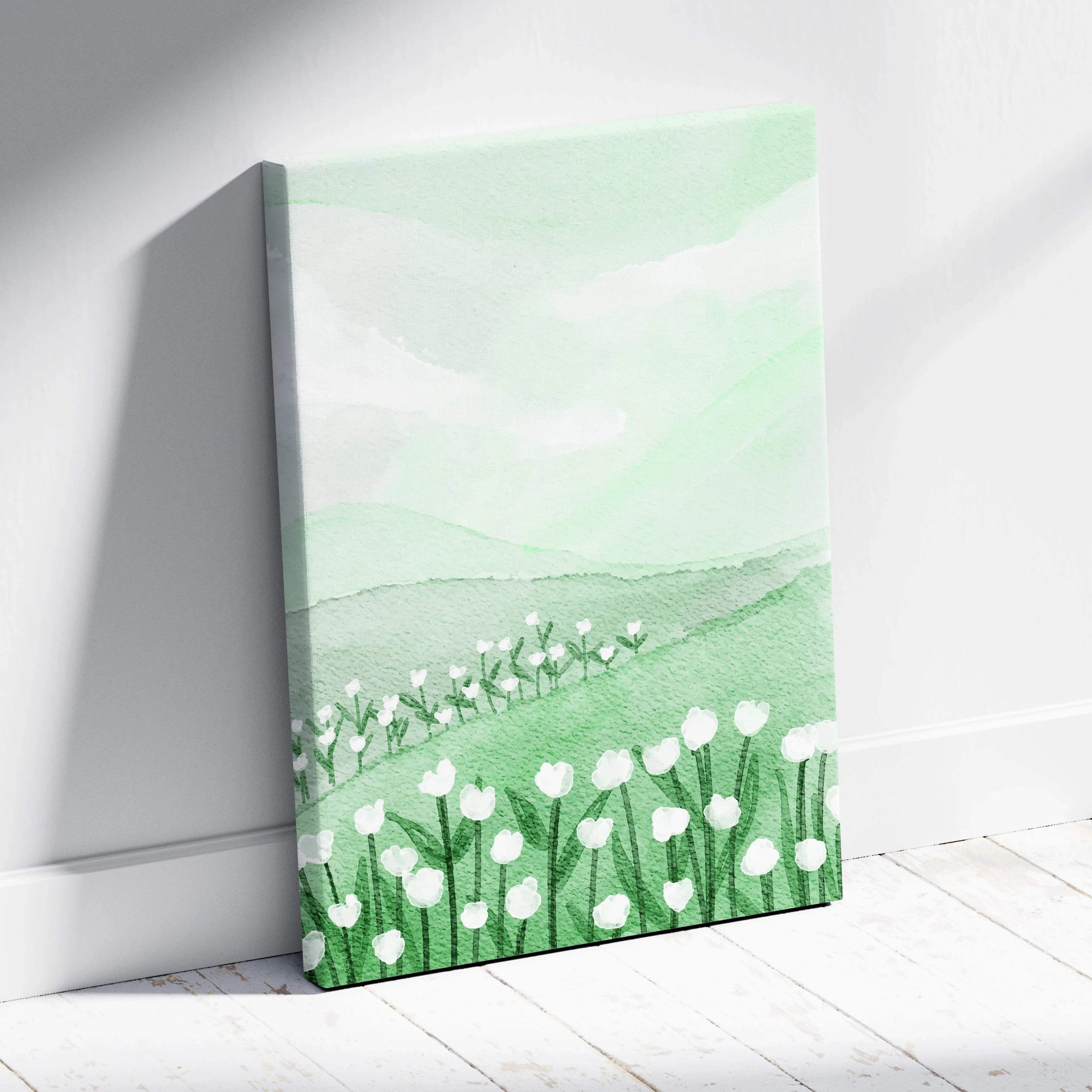 Watercolor spring meadow canvas with white tulips in mint sage tones