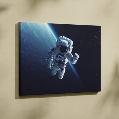 A sleek framed canvas print of a white astronaut floating in space with earths curved blue horizon backdrop