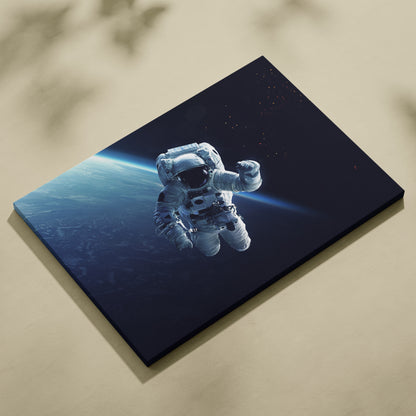 A sleek rectangular canvas print of a white astronaut floating in space with blue earth horizon for modern decor