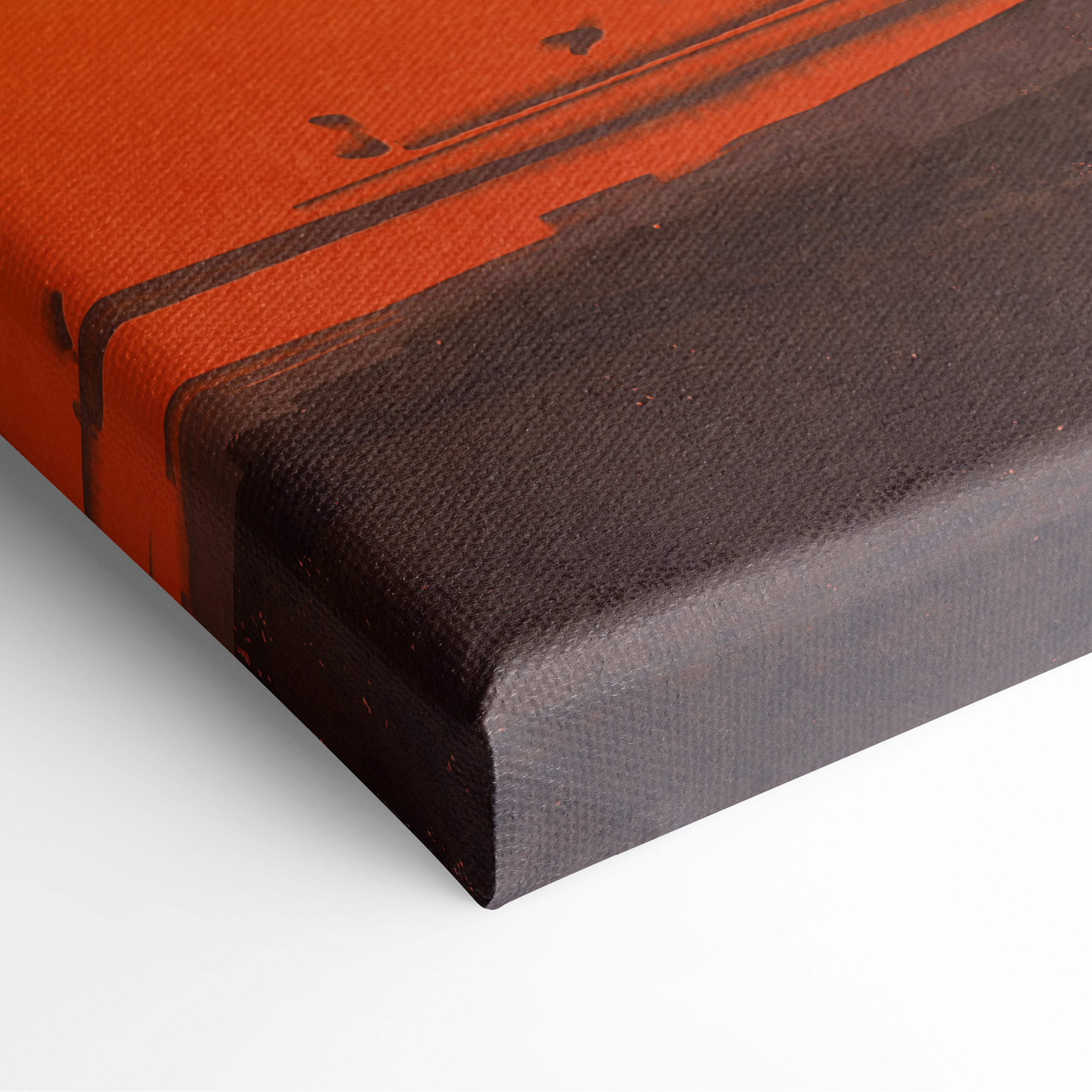 Futuristic desert city canvas wall art with orange and black abstract design and textured fabric surface