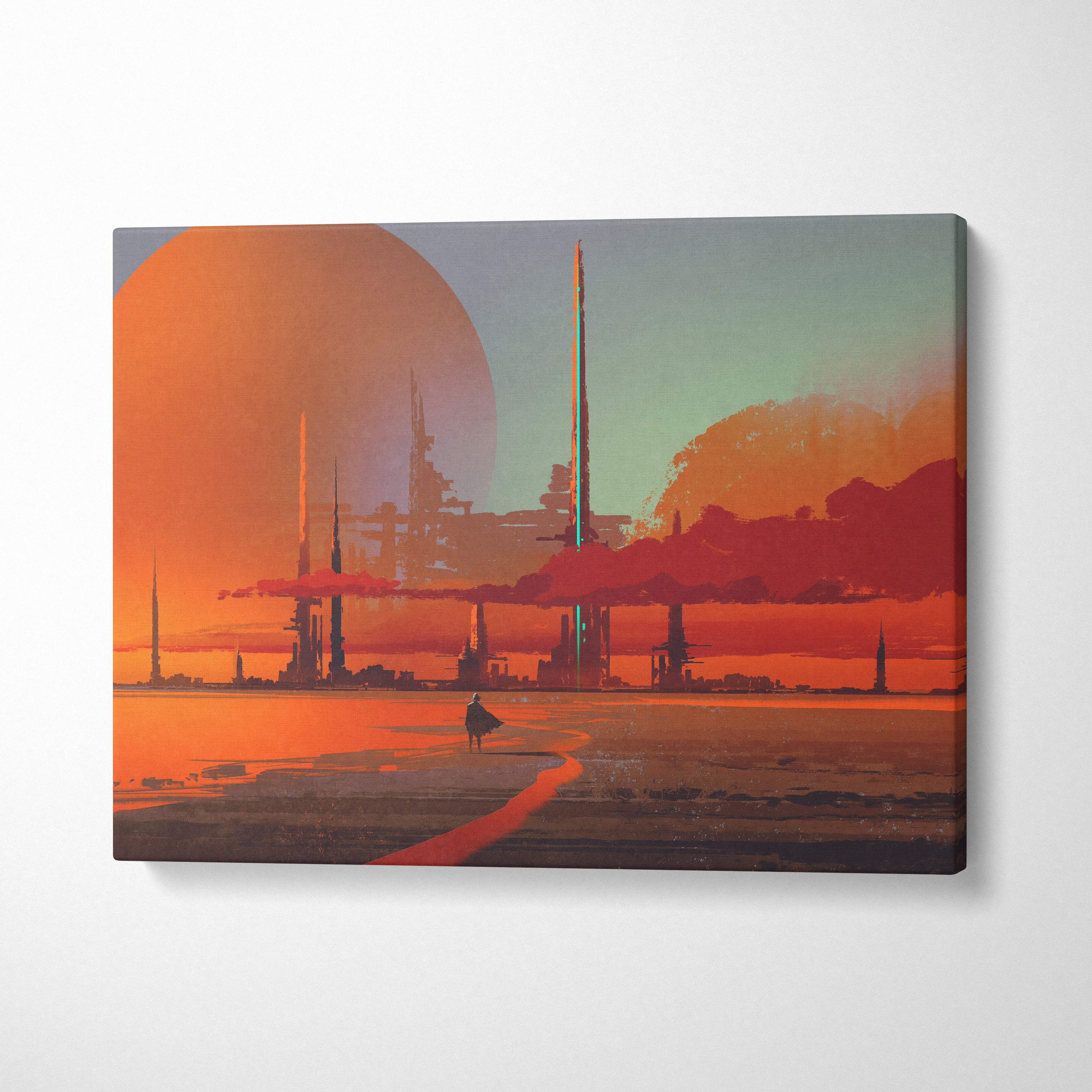 Futuristic desert city canvas wall art featuring vibrant orange and teal spires under a dual-sun sky
