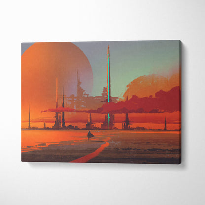 Futuristic desert city canvas wall art featuring vibrant orange and teal spires under a dual-sun sky