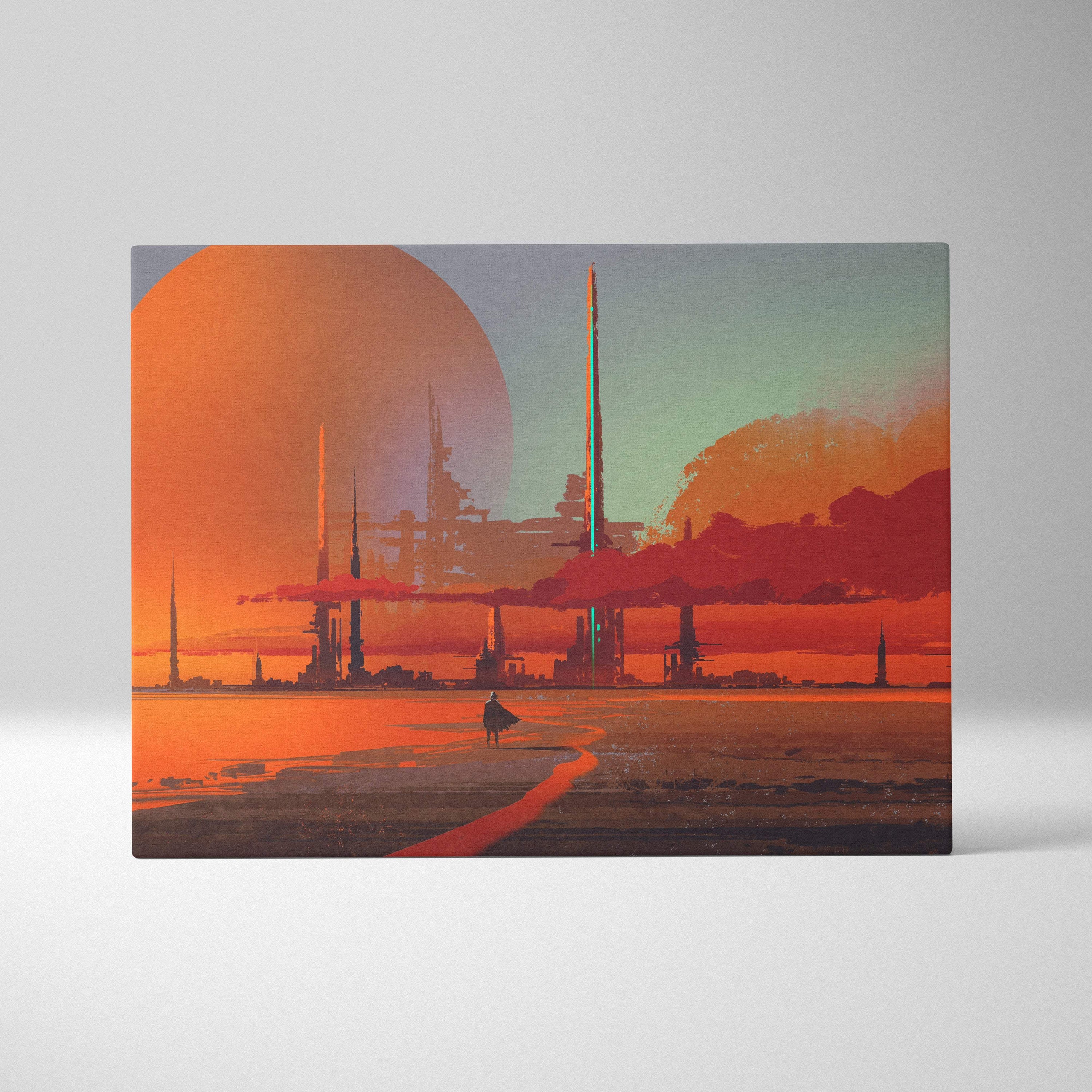 Rectangular canvas print of a futuristic desert cityscape with an orange and teal sky and a lone traveler silhouette