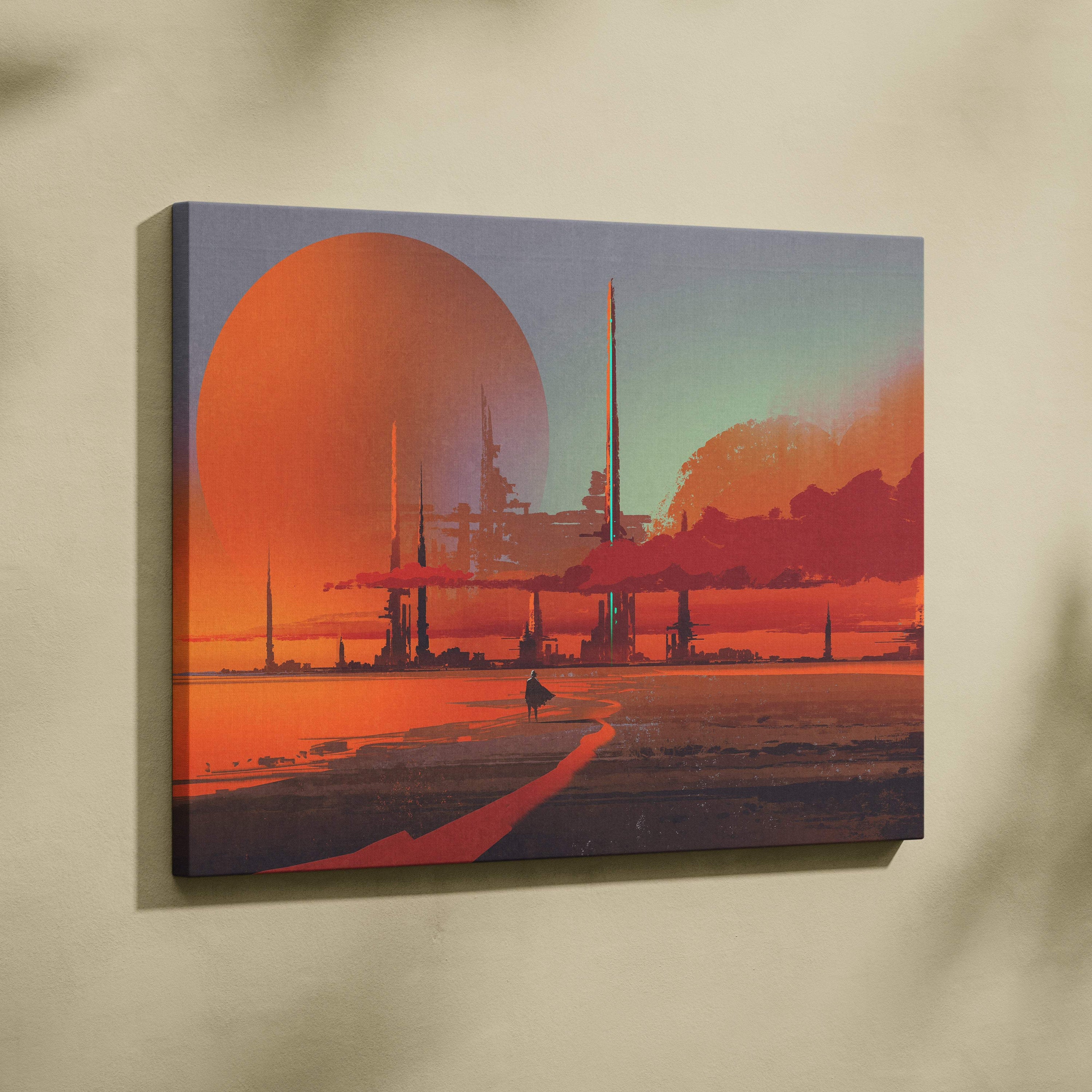 A rectangular canvas print of a futuristic desert cityscape under an orange and red sky mounted on a wall
