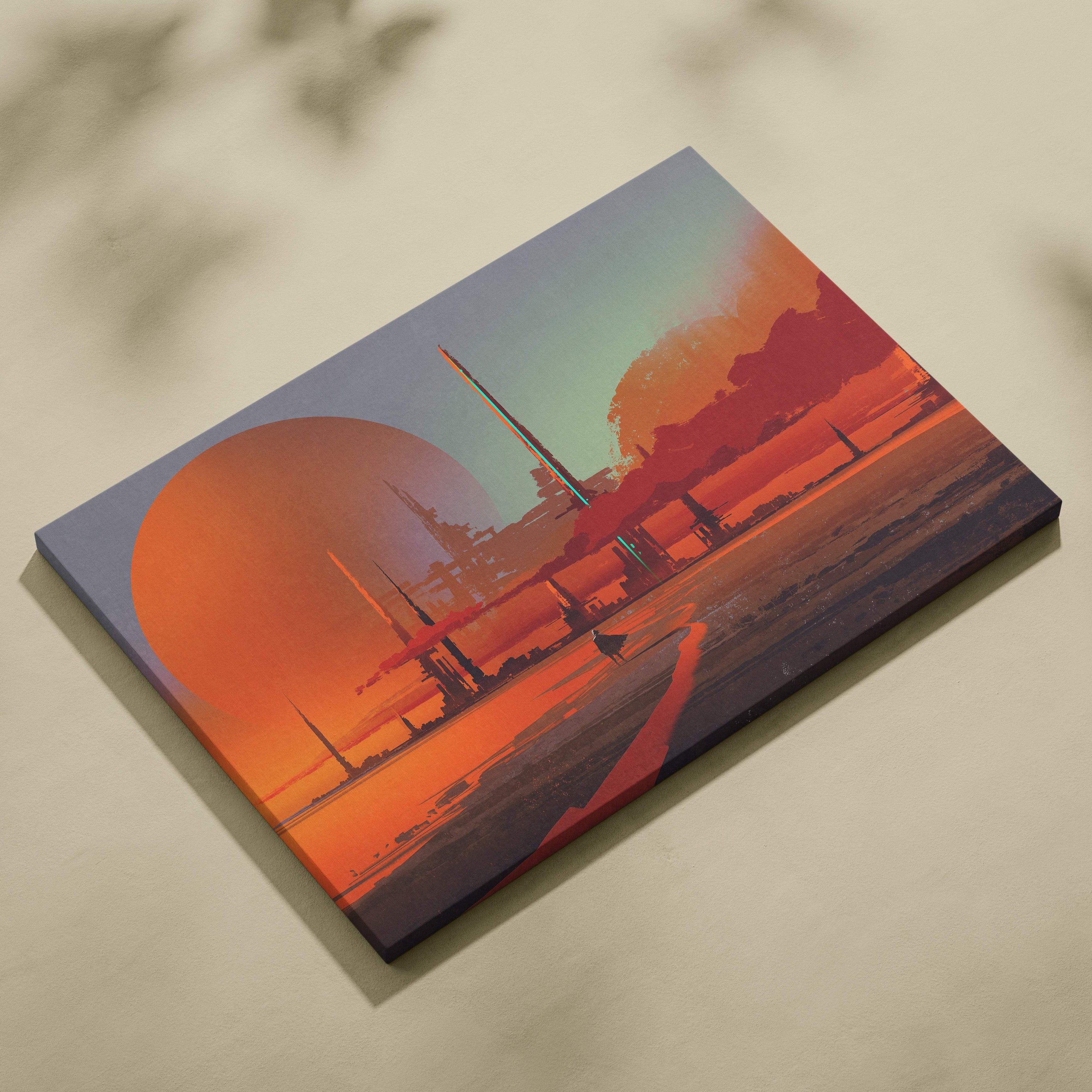 Vibrant orange and red futuristic desert city canvas wall art with sci-fi skyline sunset and glowing celestial body