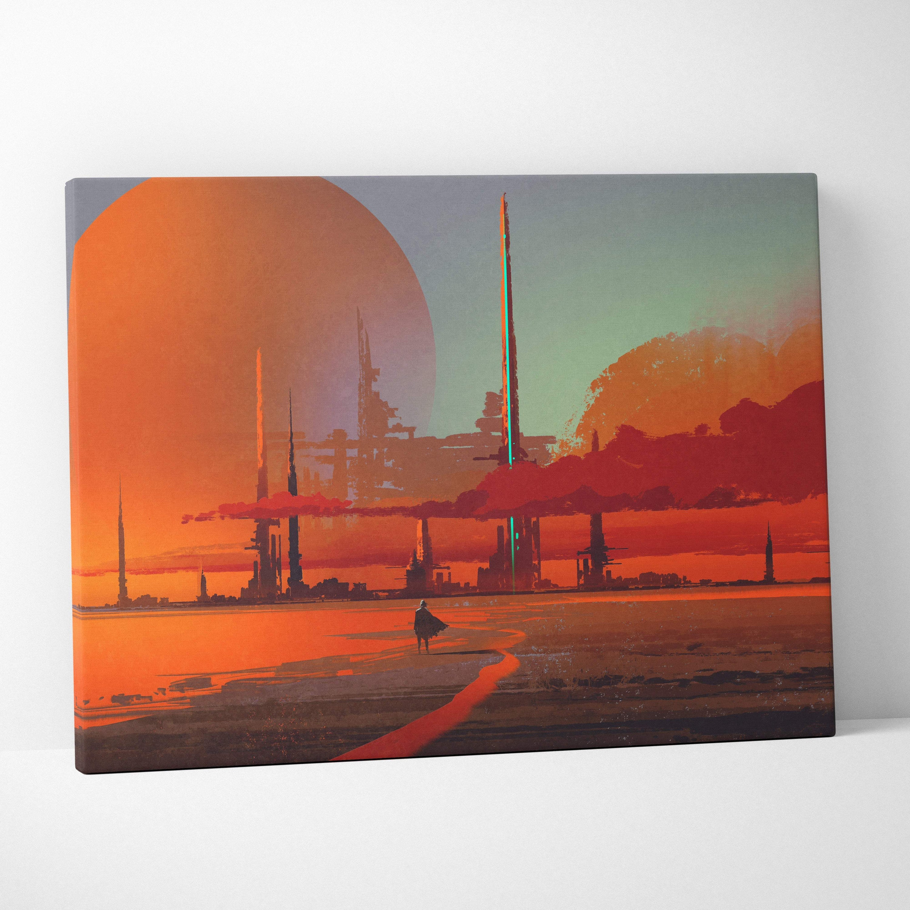 Futuristic desert city canvas wall art with vibrant orange and teal sci-fi skyline and glowing dual-sun horizon