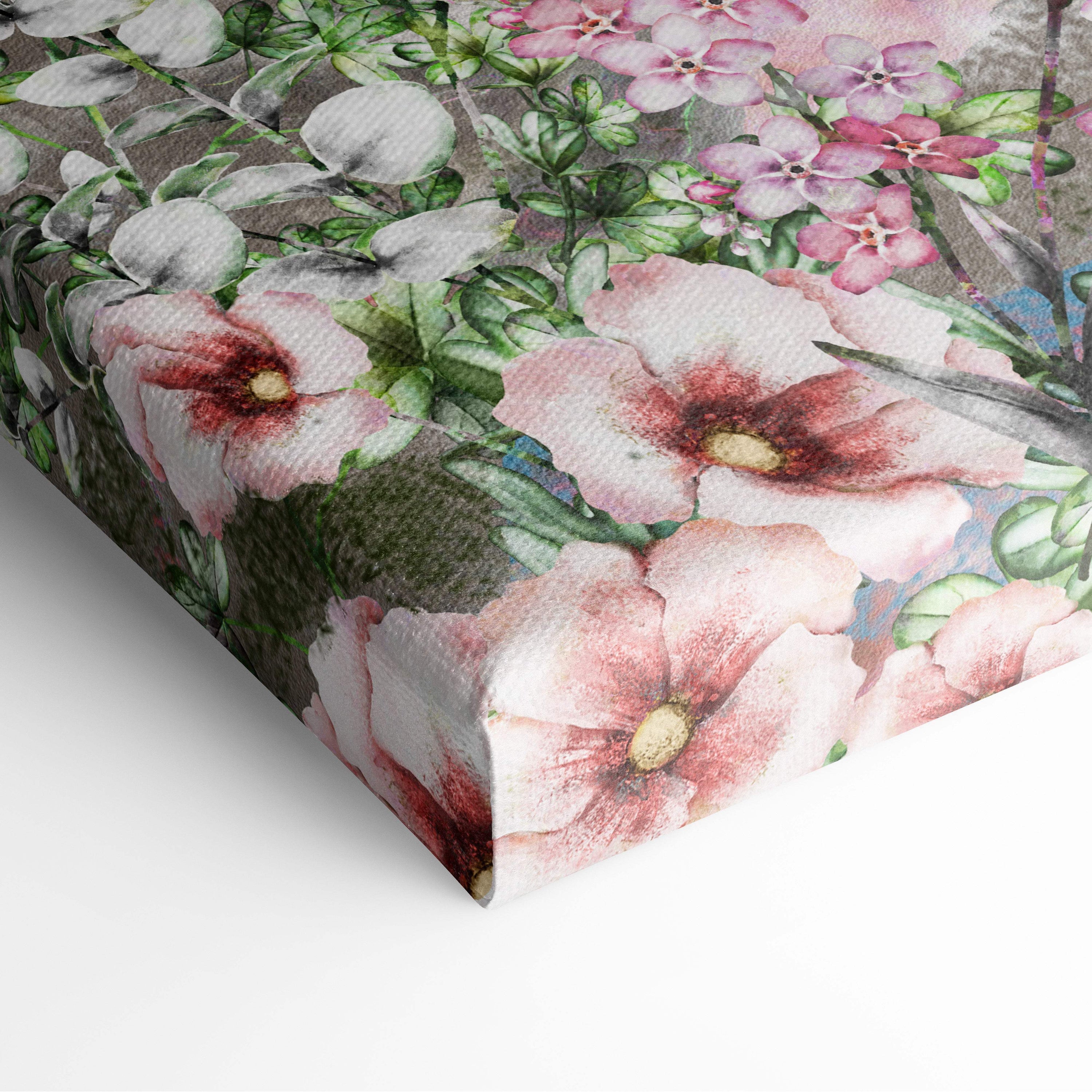 Romantic Paris Eiffel Tower floral canvas print with soft pink blossoms and green leaves on a textured background