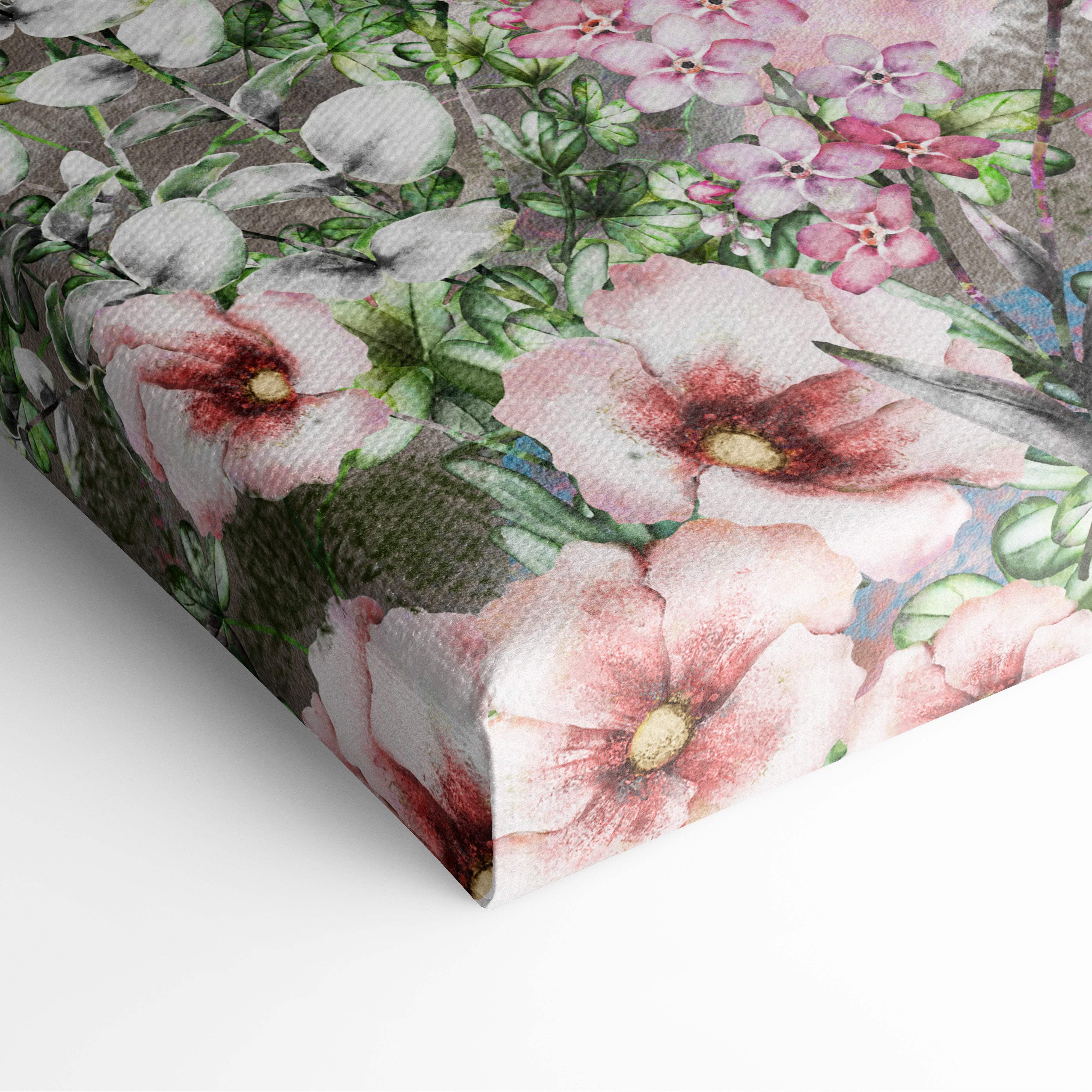 Romantic Paris Eiffel Tower floral canvas print with soft pink blossoms and green leaves on a textured background