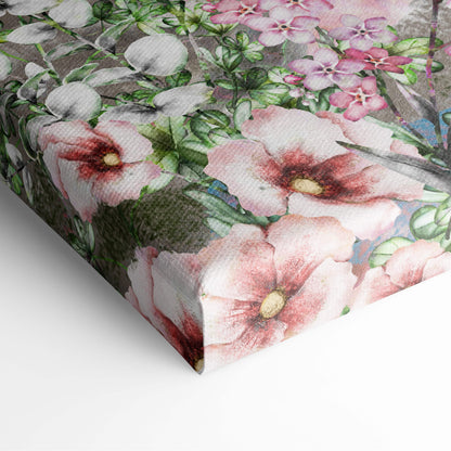 Romantic Paris Eiffel Tower floral canvas print with soft pink blossoms and green leaves on a textured background