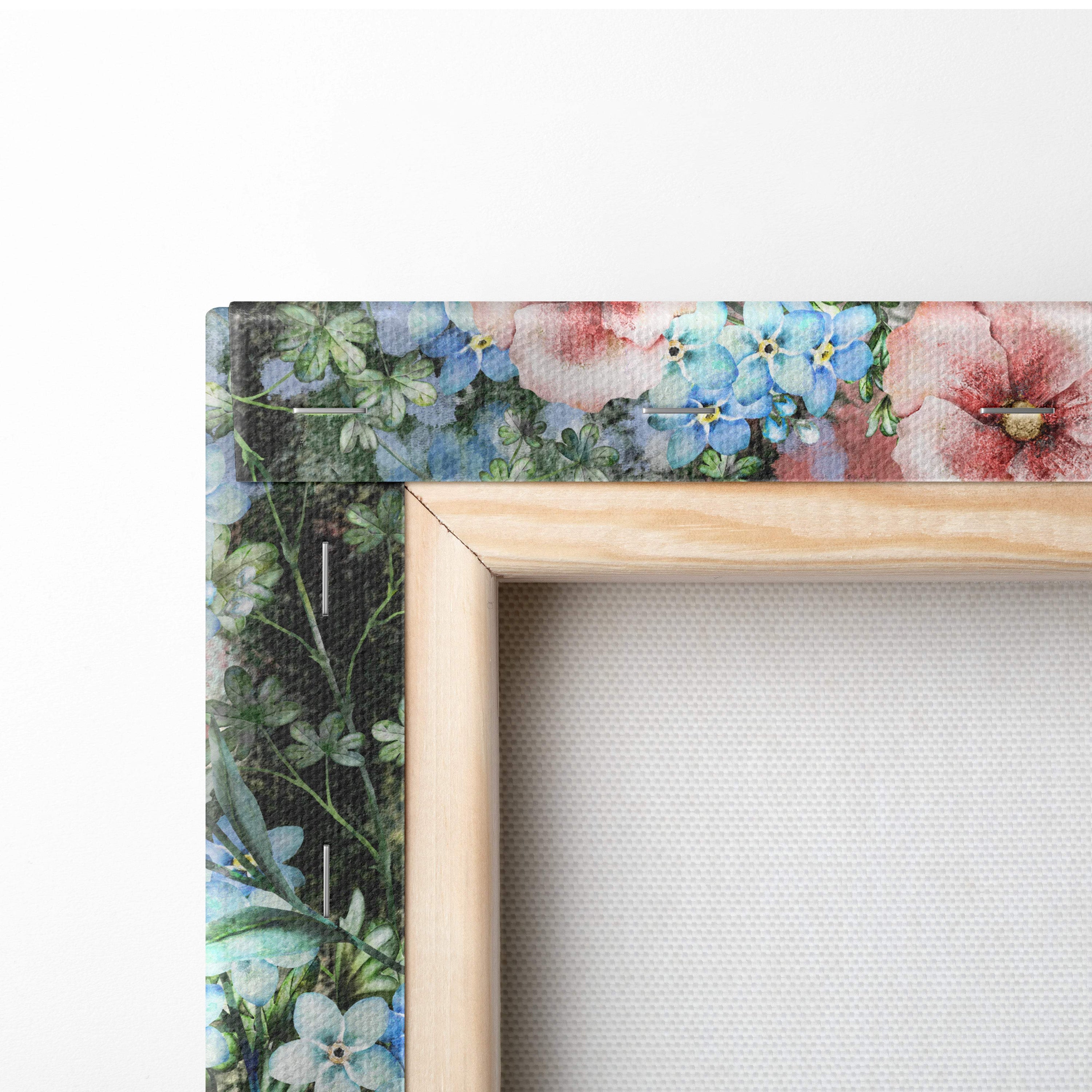 Romantic paris eiffel tower floral canvas wall art with light wood border featuring blue pink blossoms and green foliage