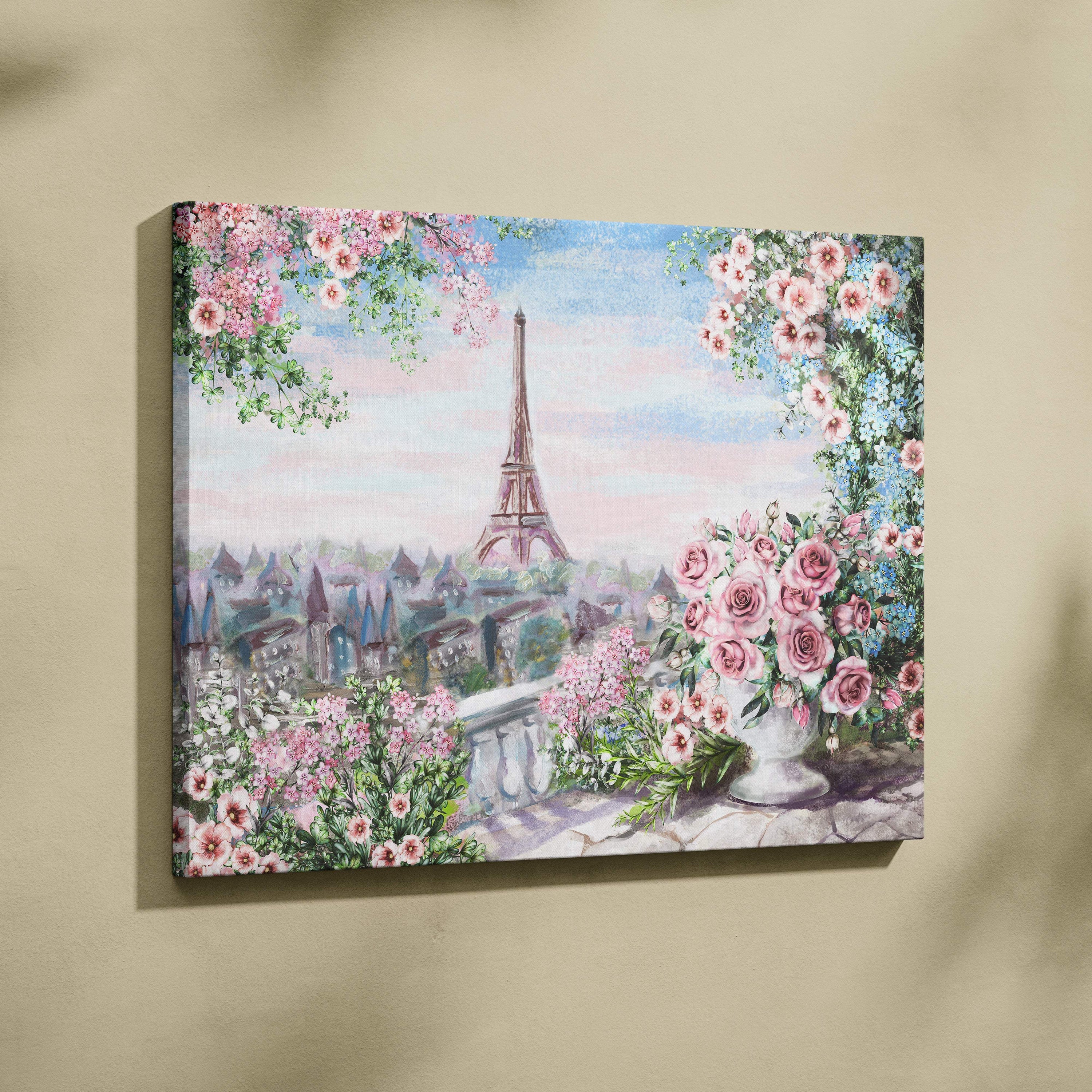 Soft pastel canvas painting of eiffel tower framed by pink and white blossoms in a romantic parisian garden scene